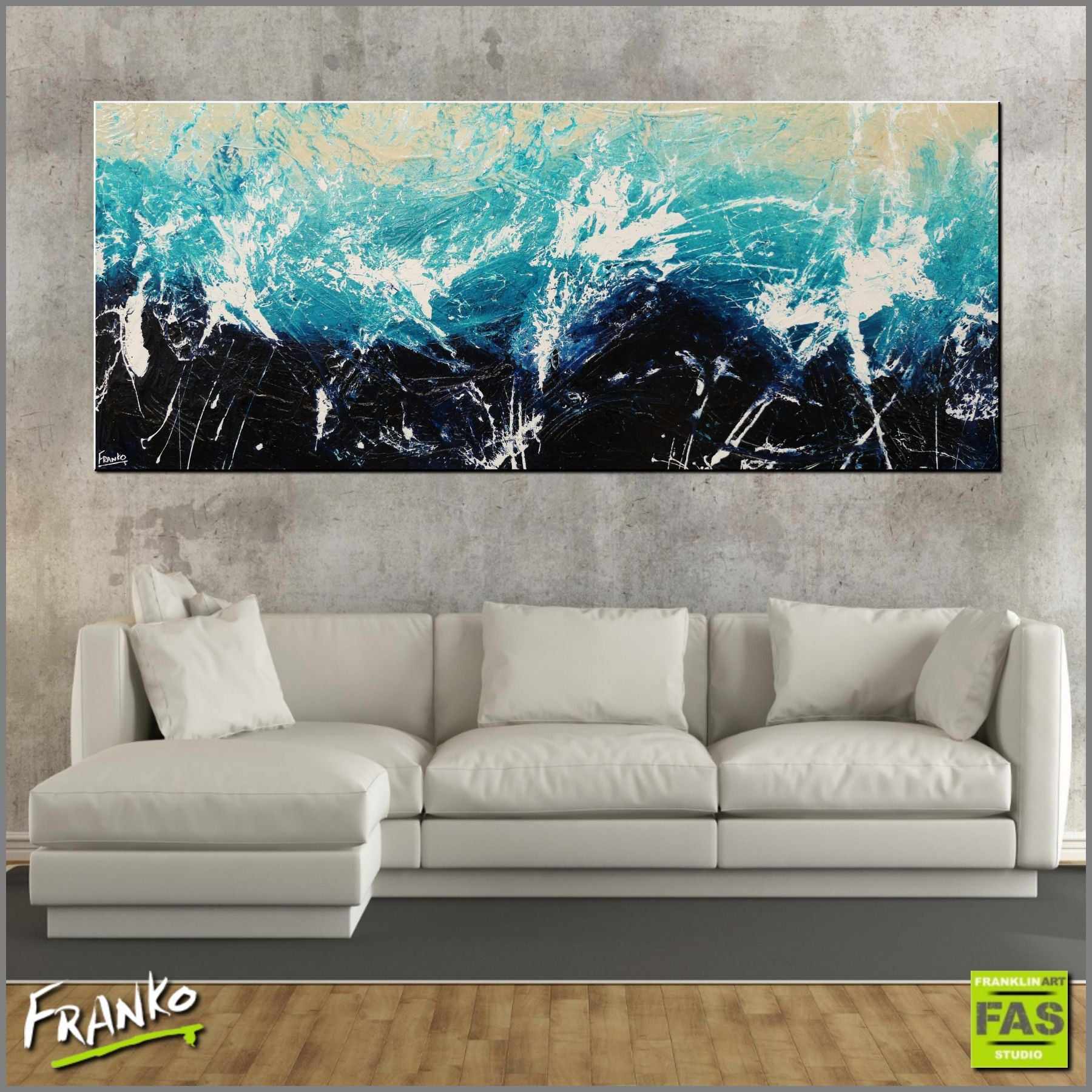 240cm x 100cm Blue White Cream Textured Abstract Canvas Art Painting - Modern Wall Decor for Living Room, Bedroom & Office