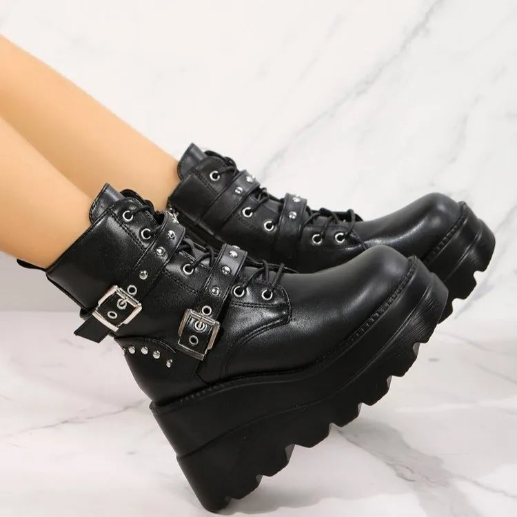Trendy Thick Sole Short Boots with Belt Buckle - Punk Rock Ankle Boots for Women | Black Martin Boots for Casual Outfits, Concerts & Night Out