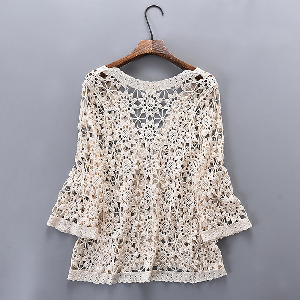 Women's Cotton Casual Floral Lace Crochet 3/4 Sleeve Cardigan - Boho Cover Up Shrug for Spring & Summer - Perfect for Beach, Vacation, and Everyday Wear