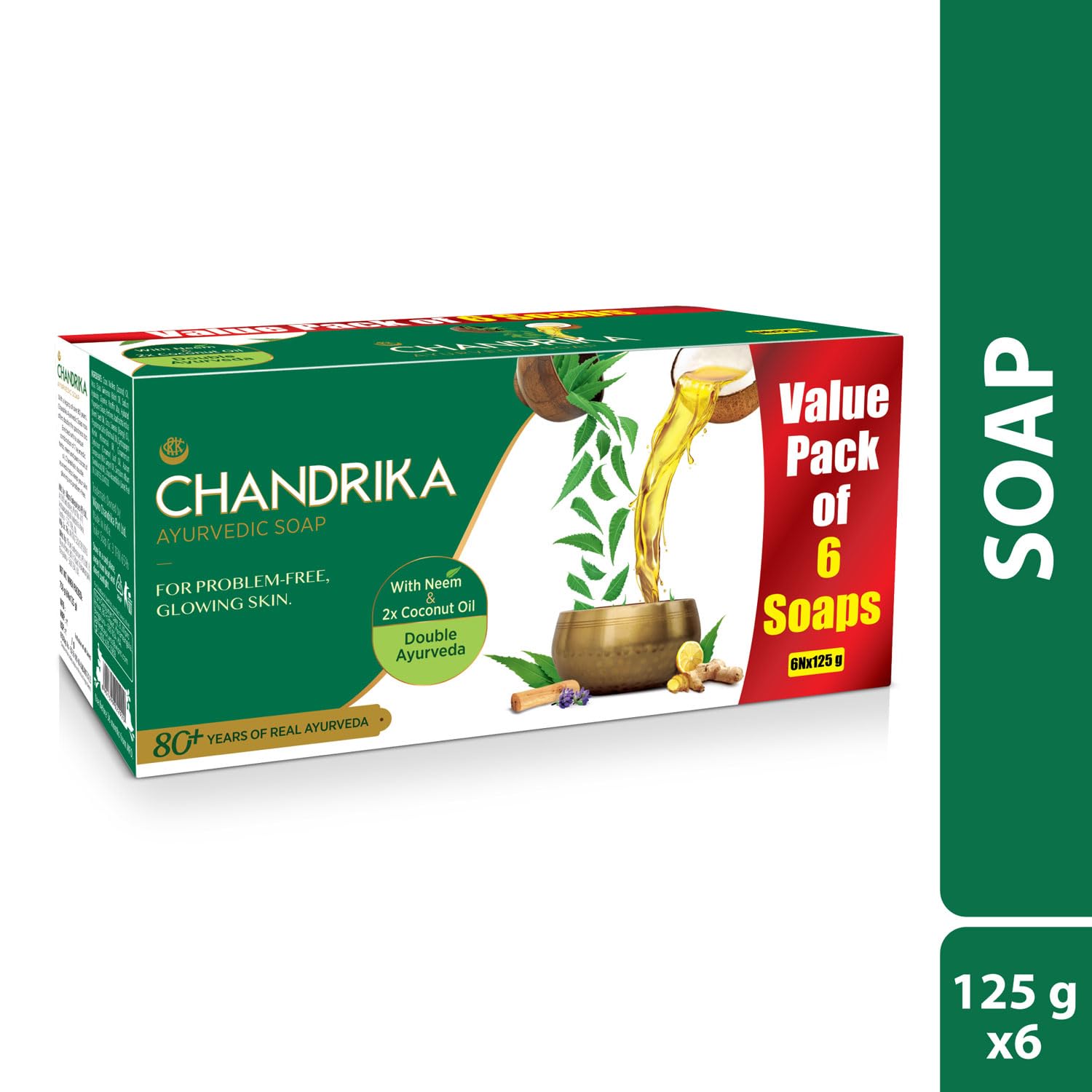 Chandrika Ayurvedic Soap Classic - Handmade Natural Soap for Radiant Skin, All Skin Types, 125g (6-Pack) | Gentle Cleansing & Moisturizing for Daily Skincare Routine
