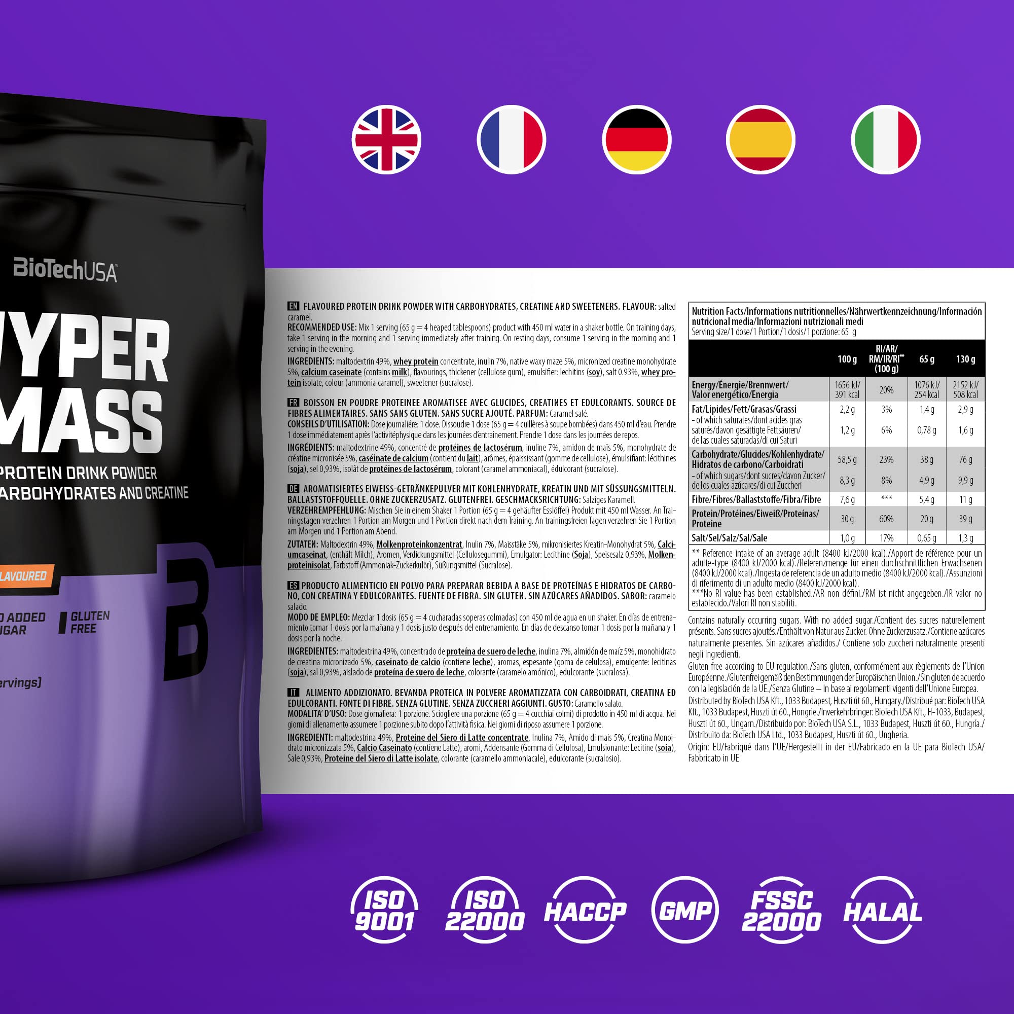 BioTechUSA Hyper Mass Gainer Protein Powder - Salted Caramel Flavor, 1000g for Muscle Growth & Weight Gain | Post-Workout Recovery Shake for Bodybuilders & Athletes