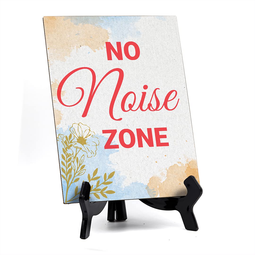 No Noise Zone Sign - Blue Watercolor Table Sign (6x8 Inches) for Quiet Areas, Libraries, Offices & Study Rooms