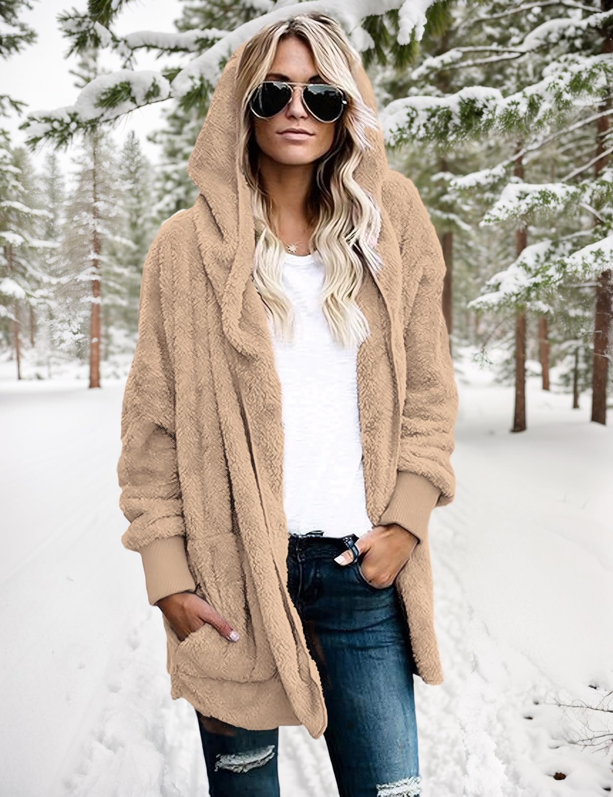 Zilcremo Women's Hooded Fuzzy Fleece Cardigan Jacket - Winter Open Front Cozy Coat with Pockets for Casual Wear & Outdoor Activities