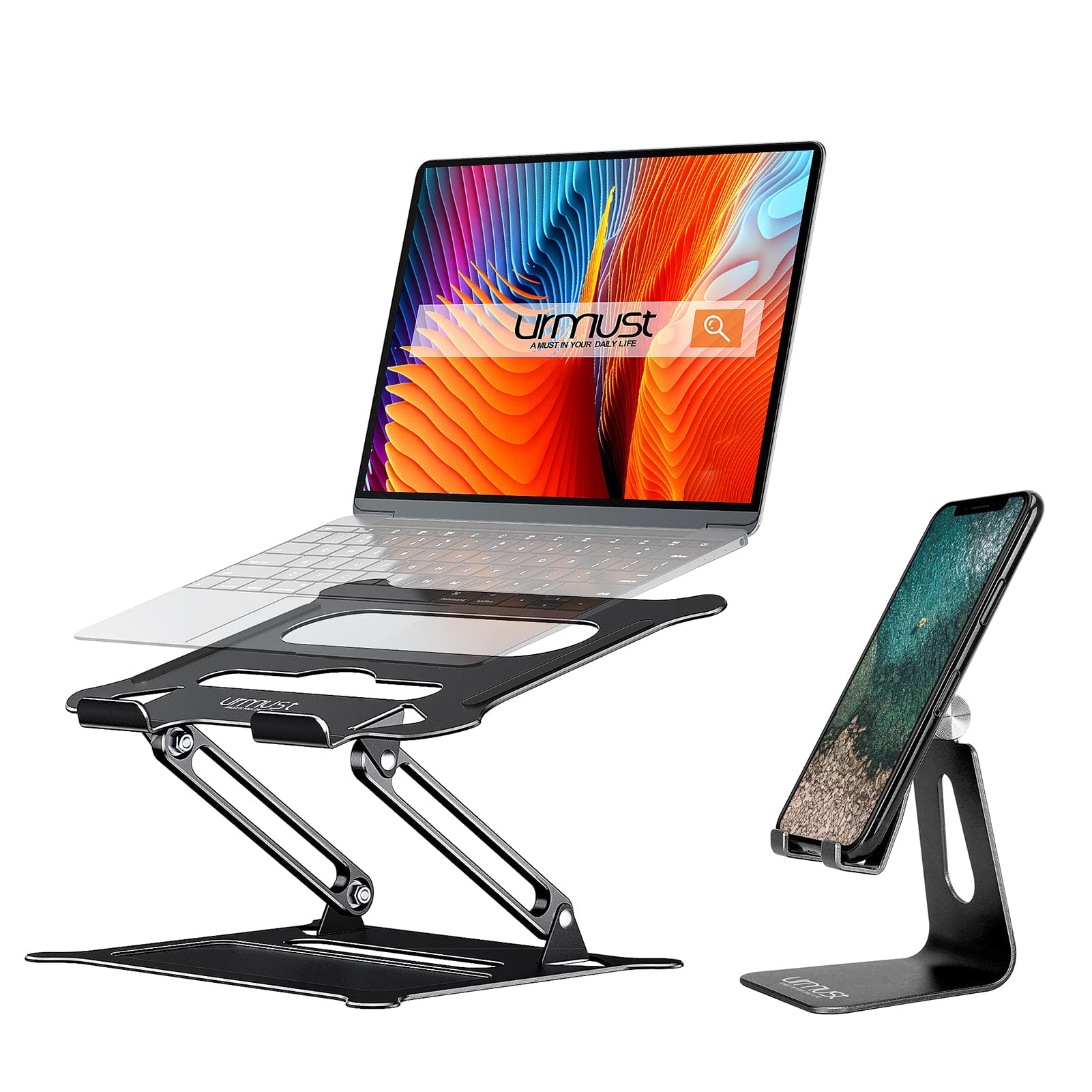 Urmust Adjustable Laptop Stand & Phone Holder Set - Ergonomic Aluminum Desktop Riser for MacBook, iPad, Notebook - Perfect for Home Office, Gaming & Workspace Organization (Black)