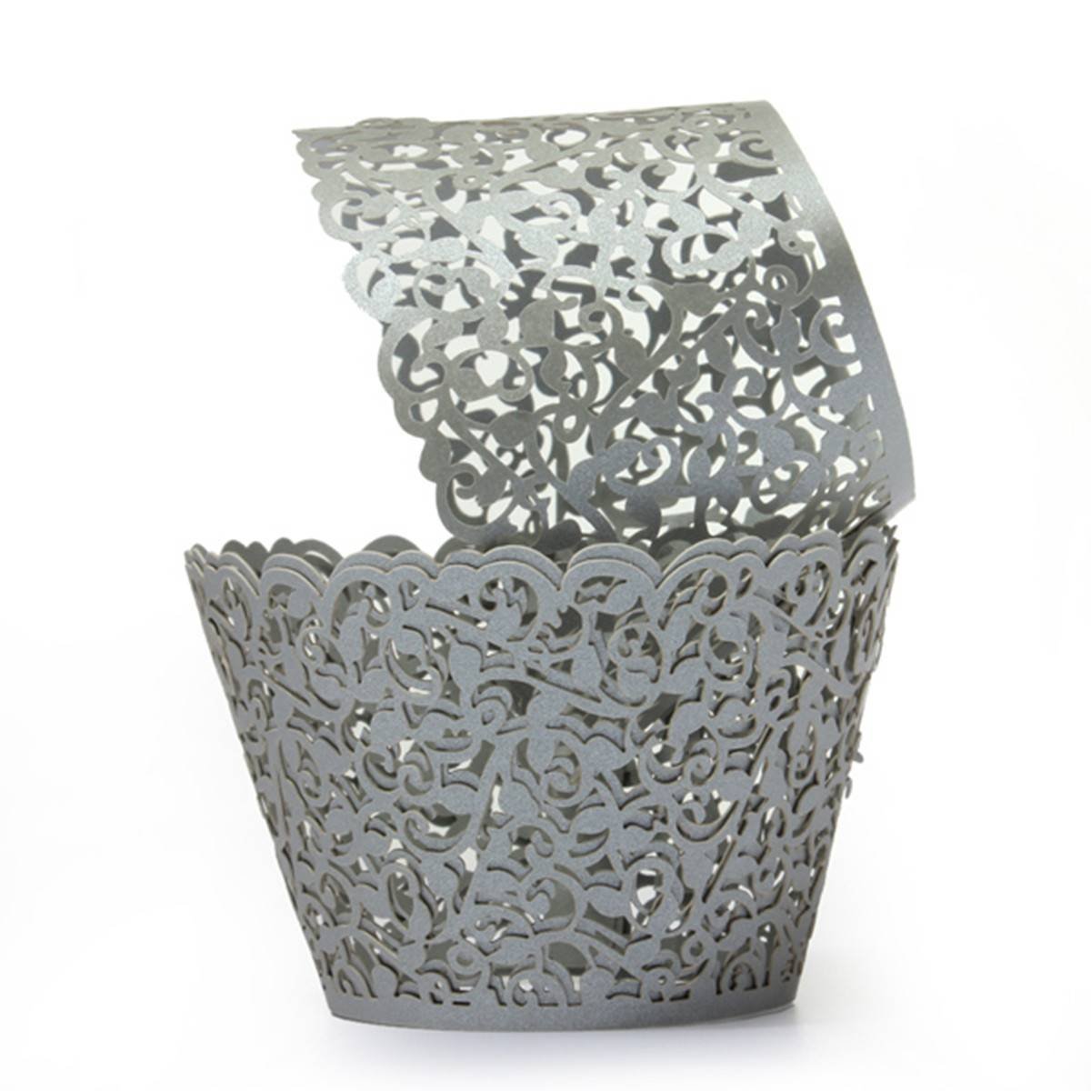 60-Pack Gray Filigree Vine Lace Laser-Cut Cupcake Wrappers - Elegant Baking Cups for Muffins, Wedding Cakes & Birthday Party Decorations - Perfect for Dessert Displays, Tea Parties, and Special Occasions