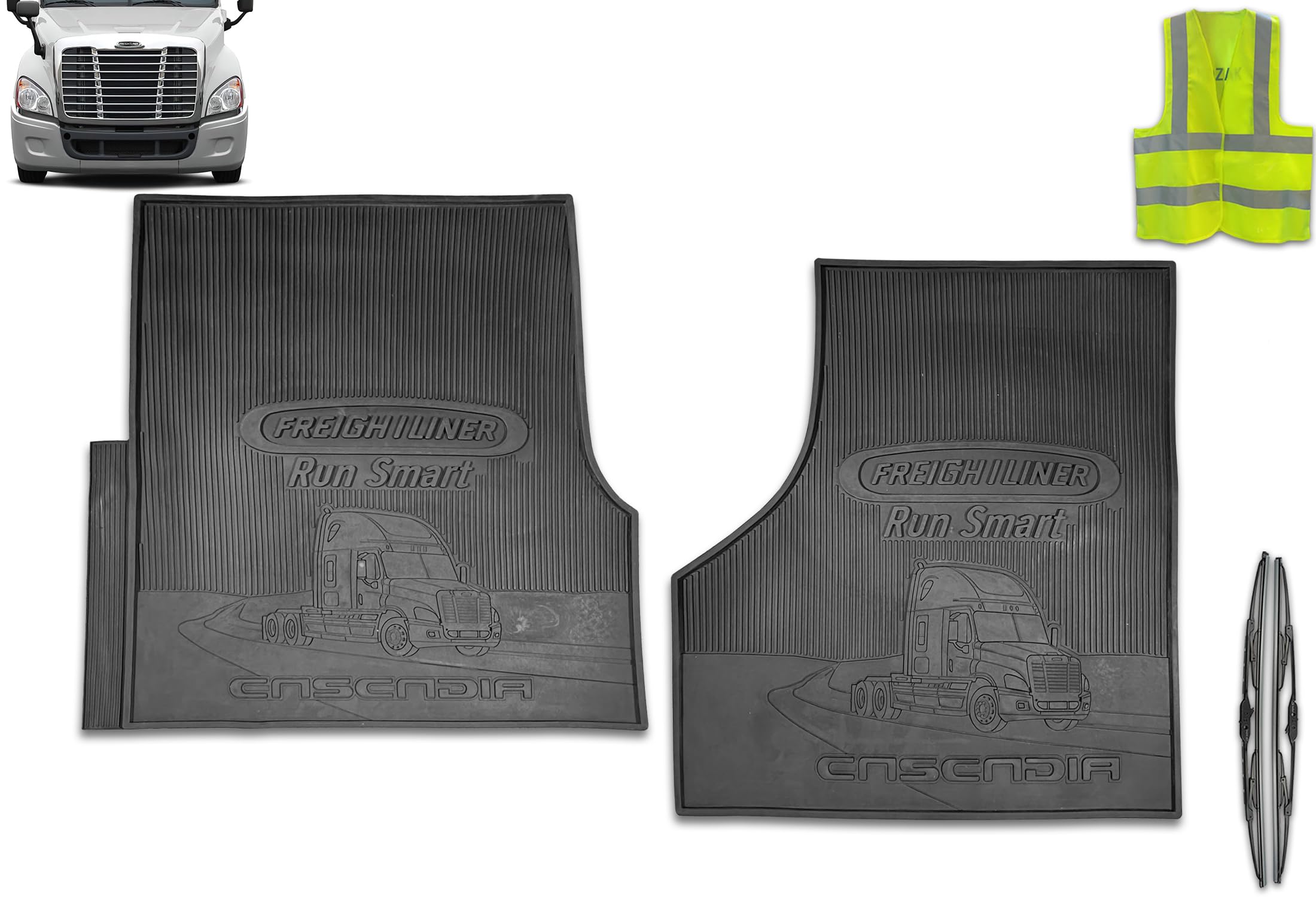 All-Weather Heavy Duty Rubber Floor Mats for Freightliner Cascadia Semi Truck (2008-2017 Models) - 2-Piece Set with Logo, Wipers & Safety Vest - Durable Protection for Truck Cab, Long Hauls & Extreme Weather Conditions