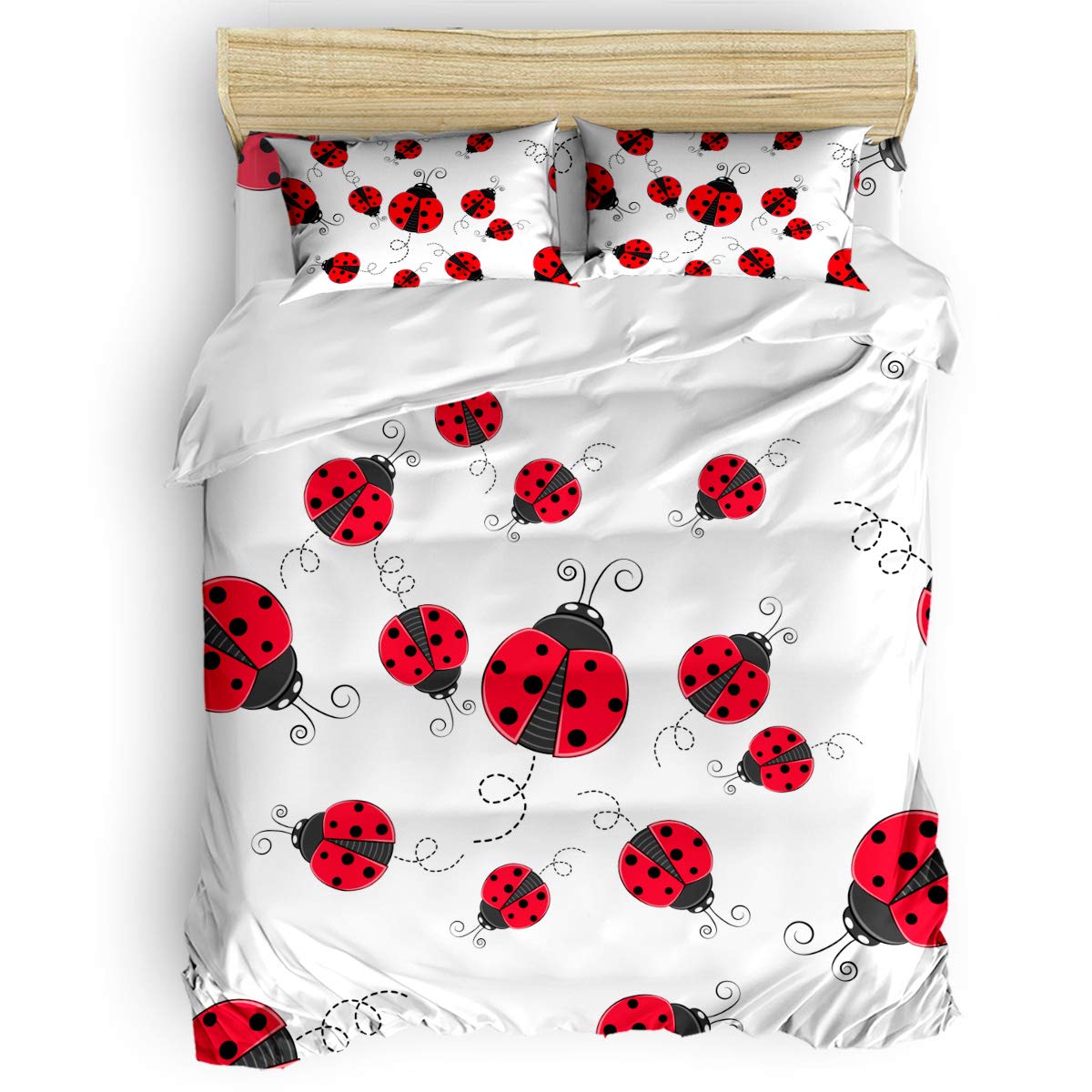 Greeeen Pieces Ladybug Print Duvet Cover Set - Queen Size Bedding with 1 Duvet Cover, 1 Flat Sheet & 2 Pillow Shams - Insect Theme Red Ladybugs Pattern Comforter Cover for Kids & Adults - Perfect for Kids' Rooms, Guest Bedrooms & Cozy Home Decor