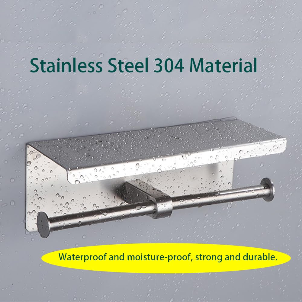 Double Toilet Paper Holder with Phone Shelf - Stainless Steel Wall Mounted Tissue Dispenser - Dual Roll Bathroom Organizer - SUS304 Commercial Grade - Perfect for Home, Office & Public Restrooms (Silver)