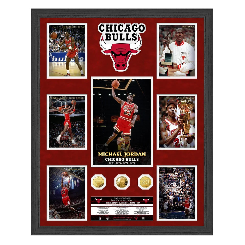 Michael Jordan Chicago Bulls 6x NBA Champion Gold Coin Collage Framed Art - Limited Edition #D/230 - Perfect for Sports Memorabilia Collections & Man Cave Decor
