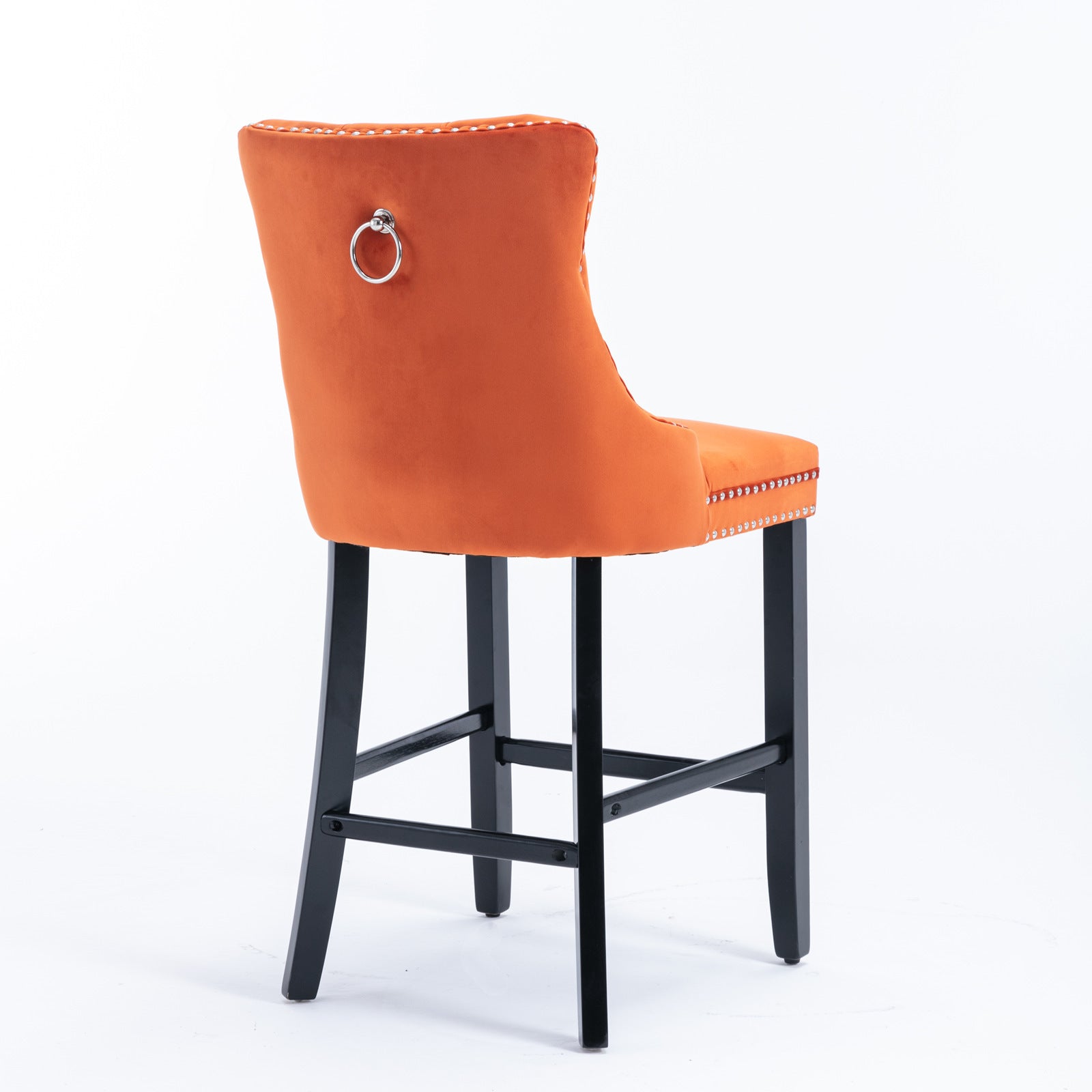 Luxury Velvet Bar Stools Set of 2 - Modern Button Tufted Bar Chairs with Wooden Legs & Chrome Nailhead Trim - Orange Upholstered Counter Stools for Kitchen Island, Home Bar & Dining Room Decor
