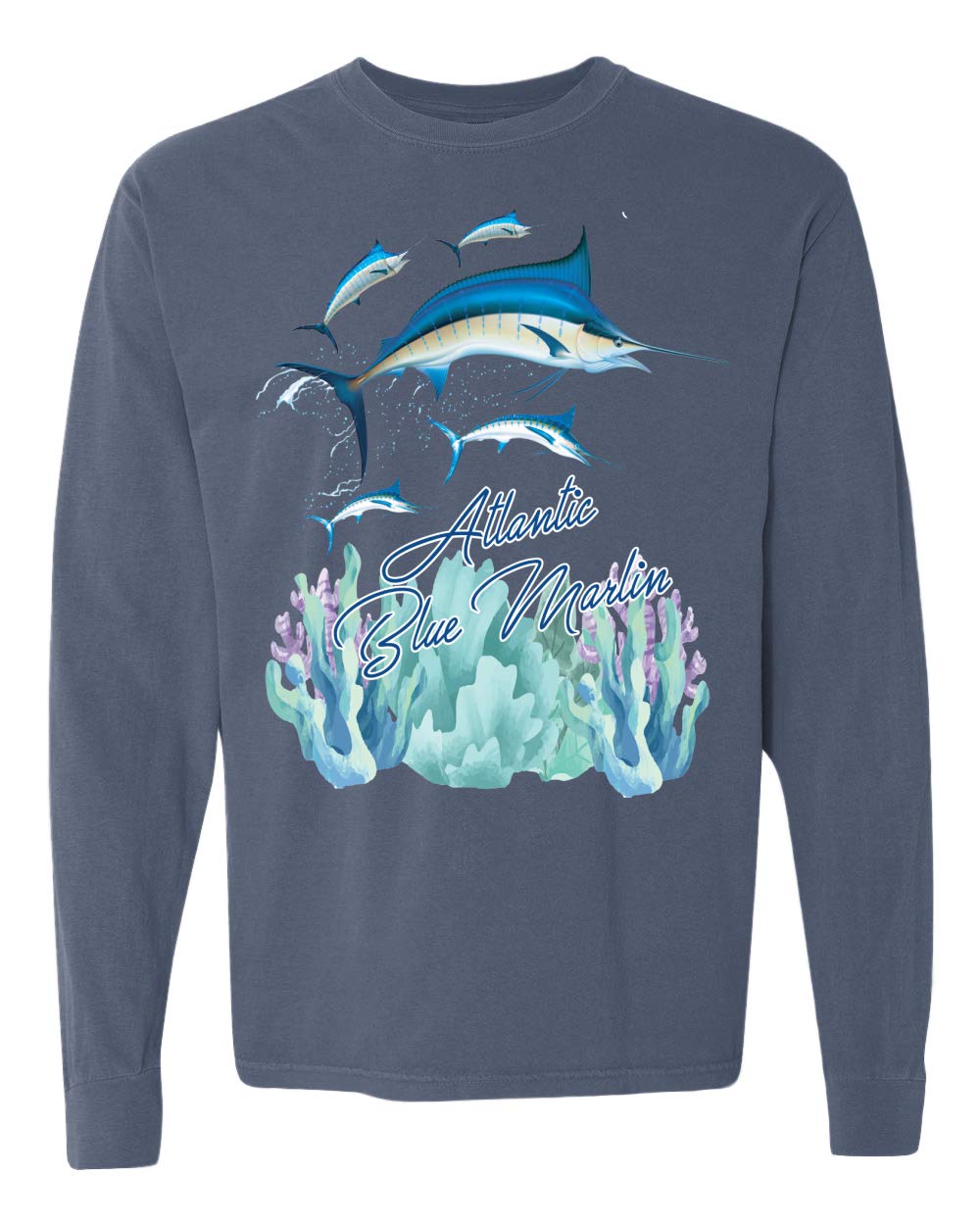 Wild Bobby Atlantic Blue Marlin Fish Nautical Long Sleeve T-Shirt | Vintage Washed Look | Perfect for Fishing, Boating & Coastal Fashion