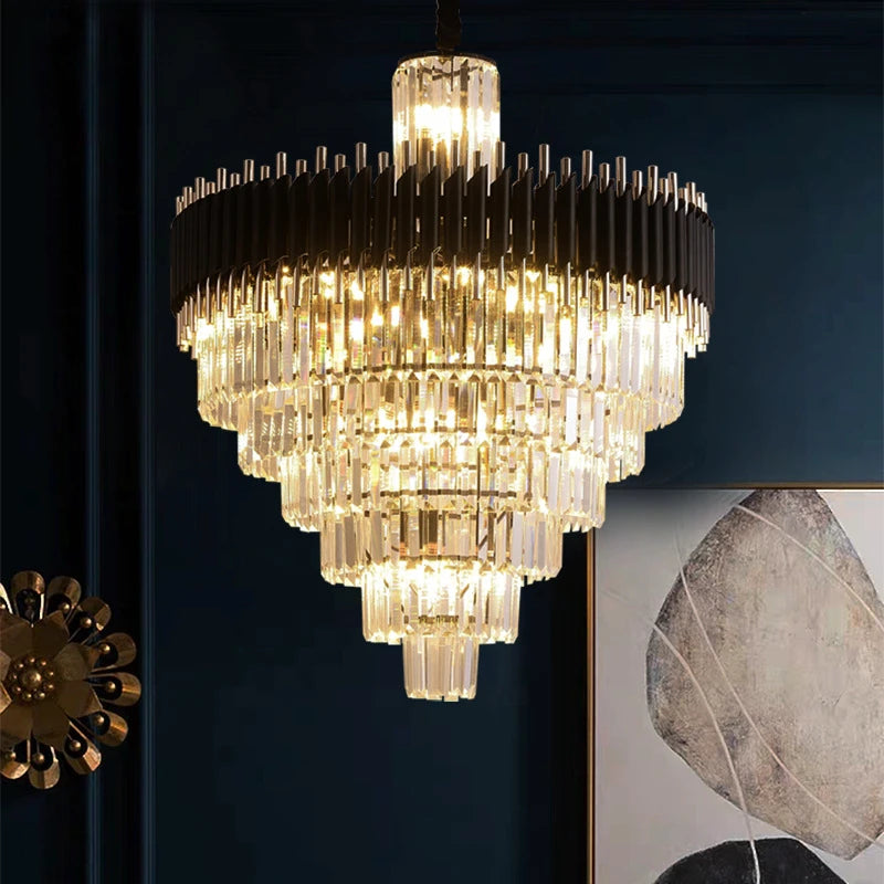 Modern Large Black and Gold Crystal Chandelier - Elegant Lighting Fixture for Dining Room, Living Room & Bedroom | Stylish Home Decor & Ceiling Light