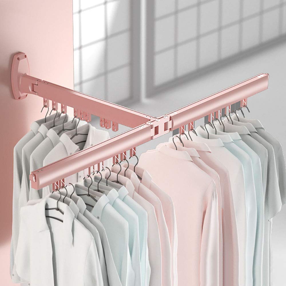 Lincheer Pink 165cm Aluminum Folding Wall Mounted Clothes Hanger Rack - Space Saving Laundry Organizer for Small Rooms, Closets & Apartments