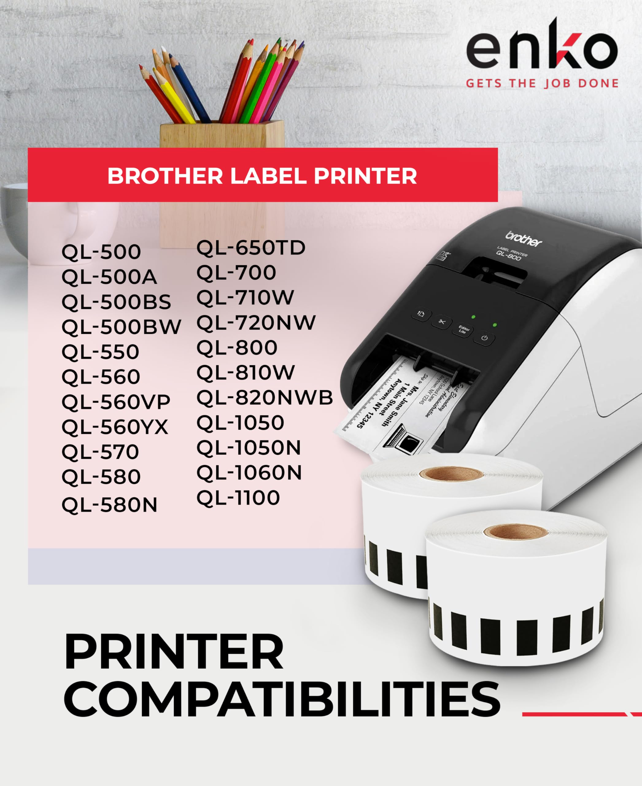 enKo - 48 Rolls Continuous Paper Labels (2.4 Inch x 100 Feet) Compatible with Brother QL-570, QL-580N, QL-650TD, QL-700, QL-710W, QL-720NW Label Printers - Includes 16 Refillable Cartridge Frames - Perfect for Shipping Labels, Inventory Management & Office Organization