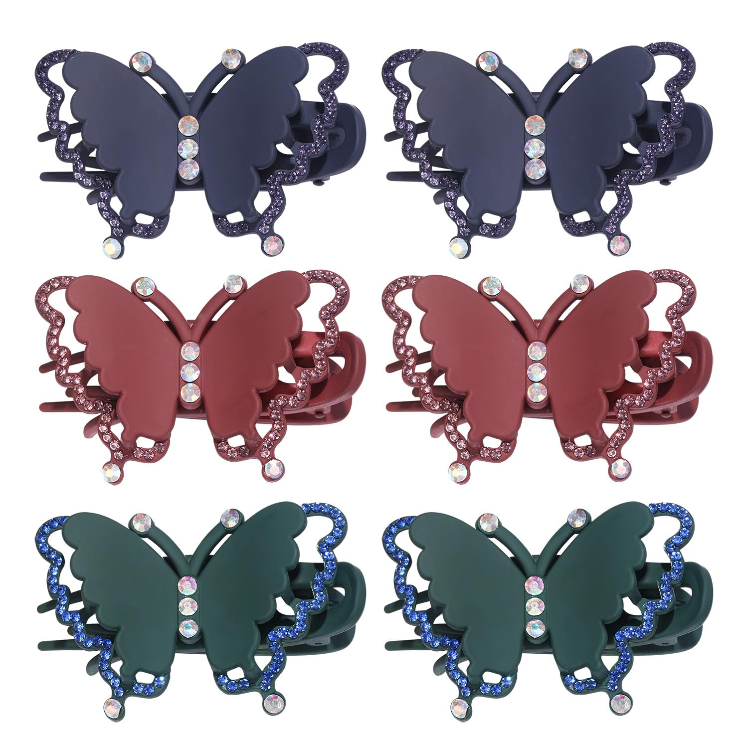 6PCS Sparkly Rhinestone Butterfly Hair Clips - Strong Hold Non-Slip Matte Hair Jaw Clips for Women & Girls (Thick/Thin/Curly Hair) - Perfect for Parties, Weddings & Everyday Styling