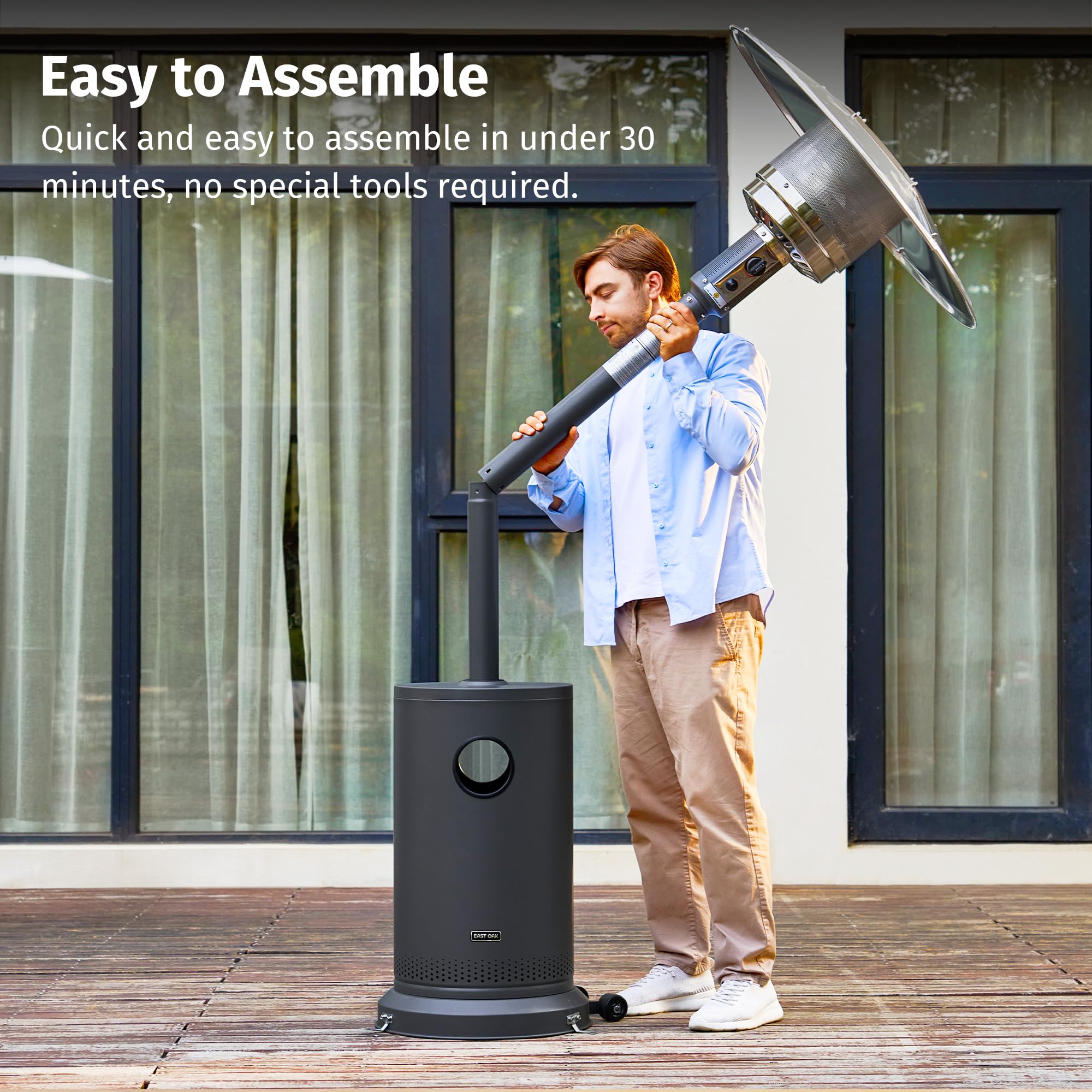 EAST OAK 55,000 BTU Outdoor Propane Heater with Round Table & Stainless Steel Burner - Portable Patio Heater with Wheels for Large Gardens, Restaurants, and Commercial Events - Perfect for Backyard Gatherings, Weddings, and Cold Weather Use - Carbon Black