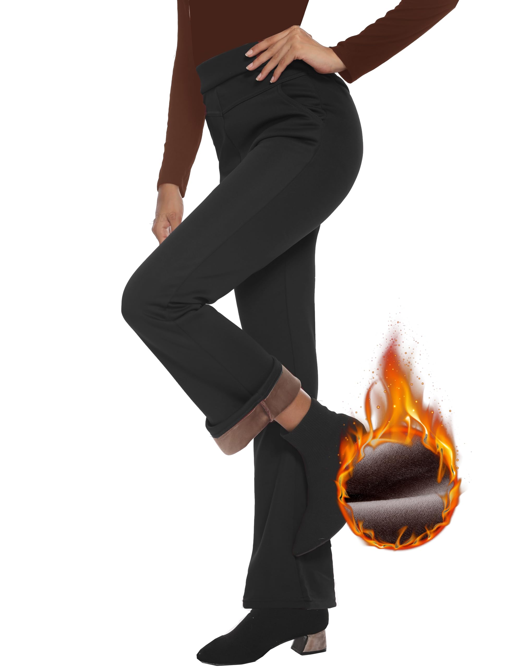 Fakanhui Women's Fleece Lined Bootcut Work Pants - Winter Warm High Waisted Pull On Flare Business Casual Pants for Office, Work & Everyday Wear
