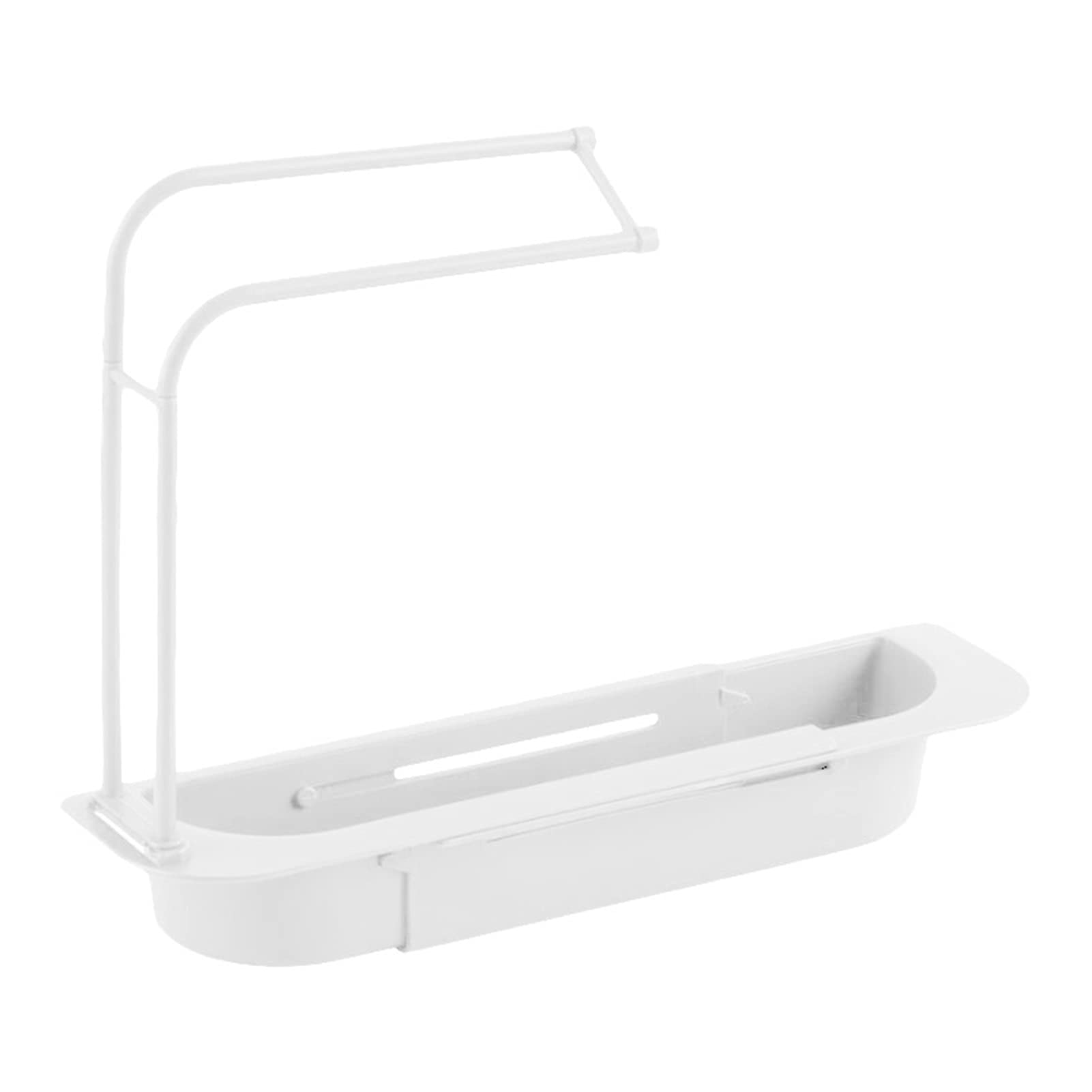 Expandable Sink Drain Basket - Adjustable Kitchen Sink Organizer with Soap & Sponge Holder | White Drain Rack Storage for Dishes, Utensils & Cleaning Supplies | Perfect for Small Kitchens, RV Sinks & Bathroom Vanities