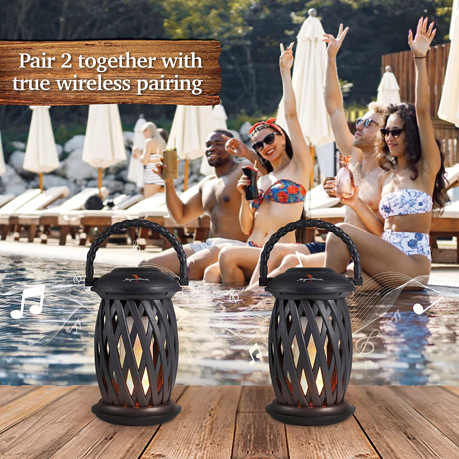 Margaritaville Tiki Torch Waterproof Bluetooth Speaker - Portable Outdoor Party Speaker with Flickering LED Lights & Long Battery Life (2 Pack) | Perfect for Beach Parties, Backyard BBQs, Poolside Gatherings & Camping Trips