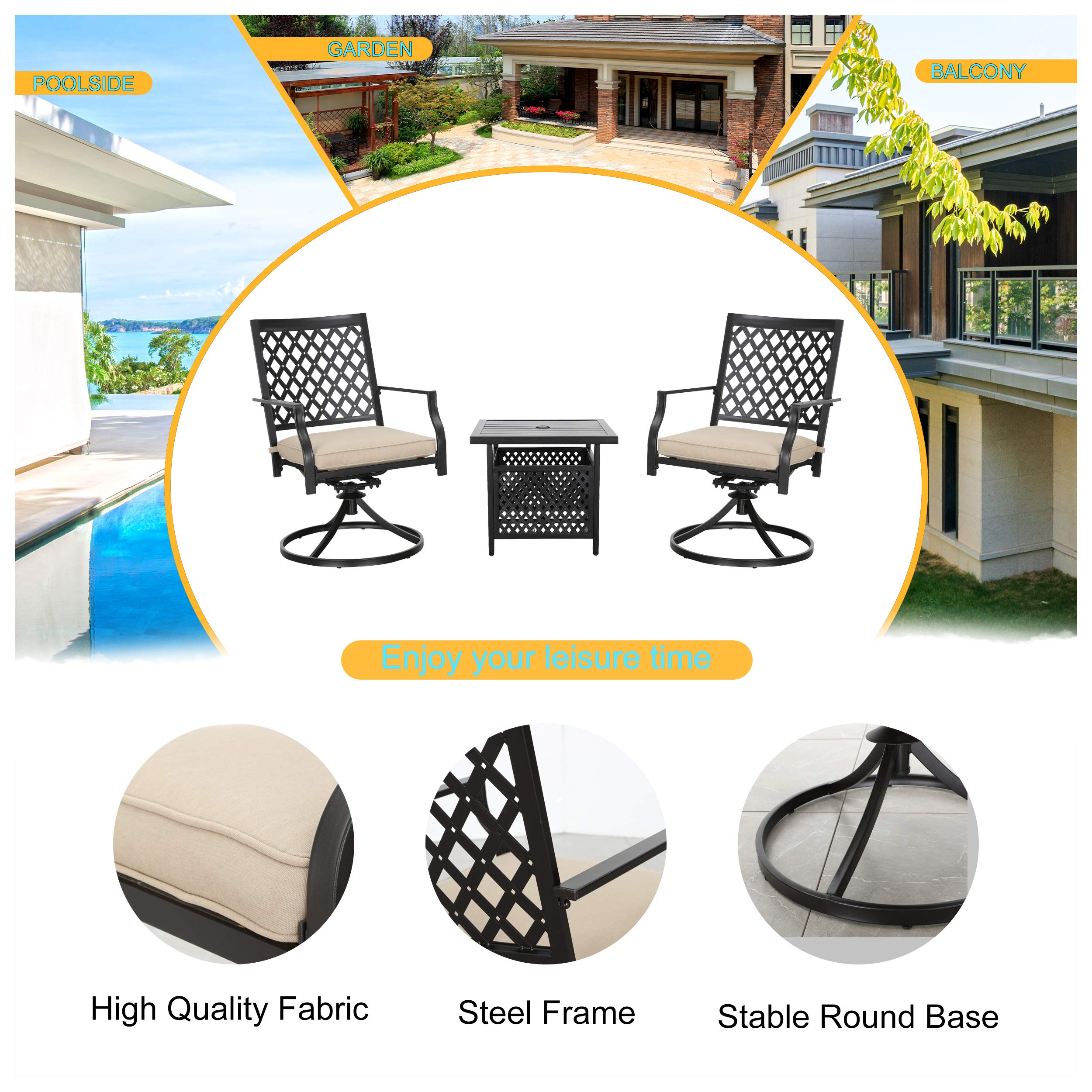 LOKATSE HOME 3-Piece Patio Swivel Set - Outdoor Metal Steel Furniture with 2 Dining Chairs & Umbrella Side Table, Beige - Perfect for Backyard, Garden, Poolside or Balcony Relaxation