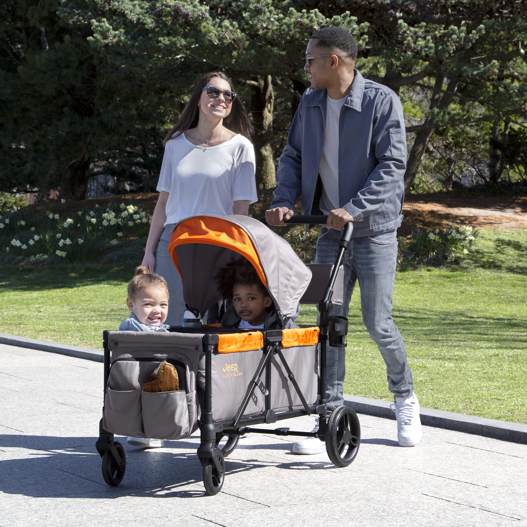 Delta Children Jeep Sport All-Terrain Stroller Wagon with Canopy, Parent Organizer & Snack Tray - Adjustable Handlebar, Cup Holders - Grey/Bonfire - Perfect for Outdoor Adventures, Beach Trips & Family Outings