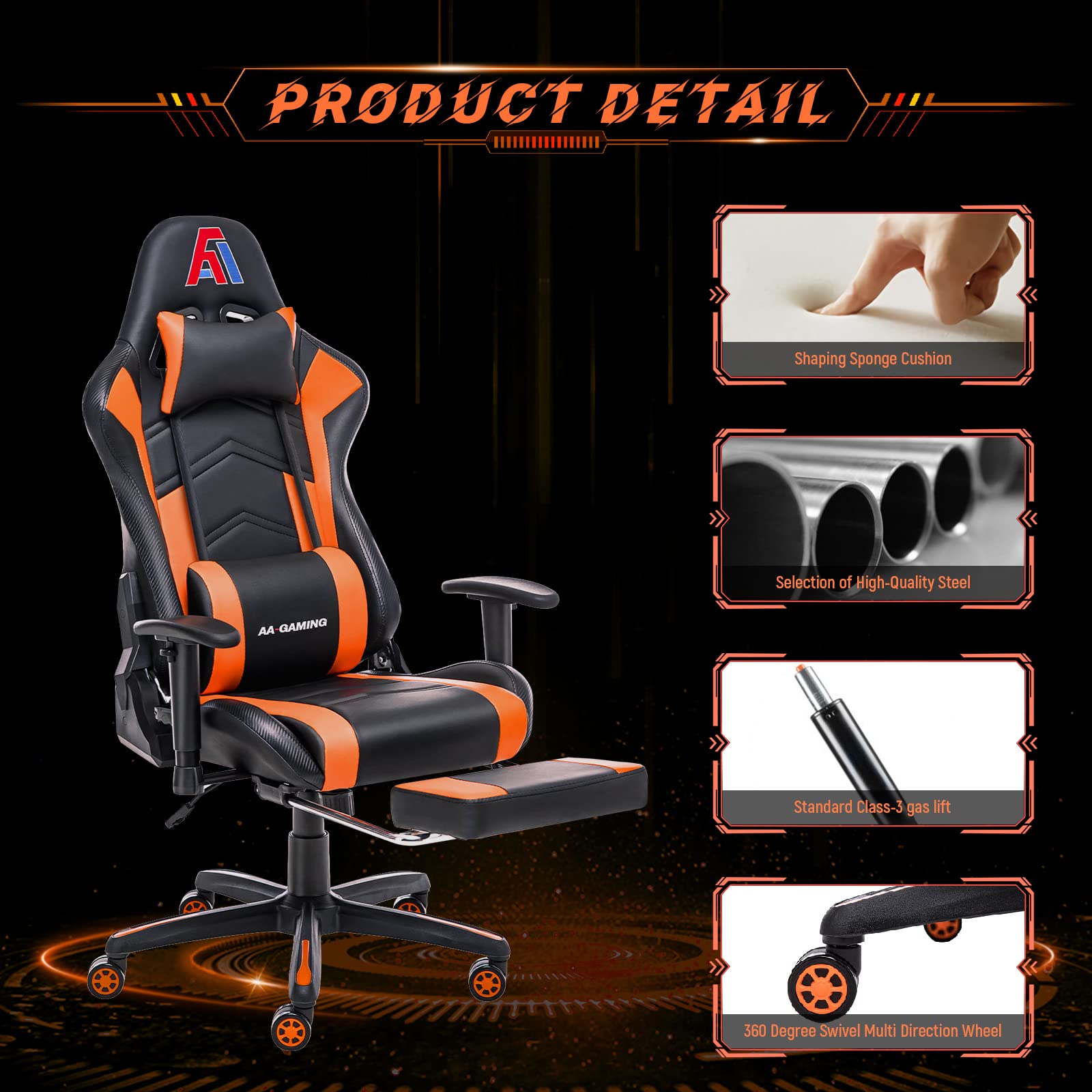 Ergonomic Gaming Chair with High Back, Lumbar Support & Footrest - Adjustable Racing Style Computer Office Chair for PC Gamers & Home Workstations (Black/Orange) - Perfect for Esports, Streaming & Long Work Sessions