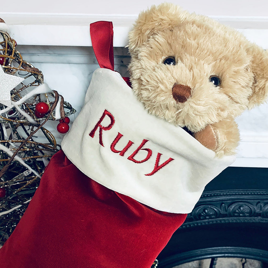 Personalized Red Christmas Stocking for Kids - Bertie Bear Custom Holiday Gift for Stocking Stuffers & Festive Decorations