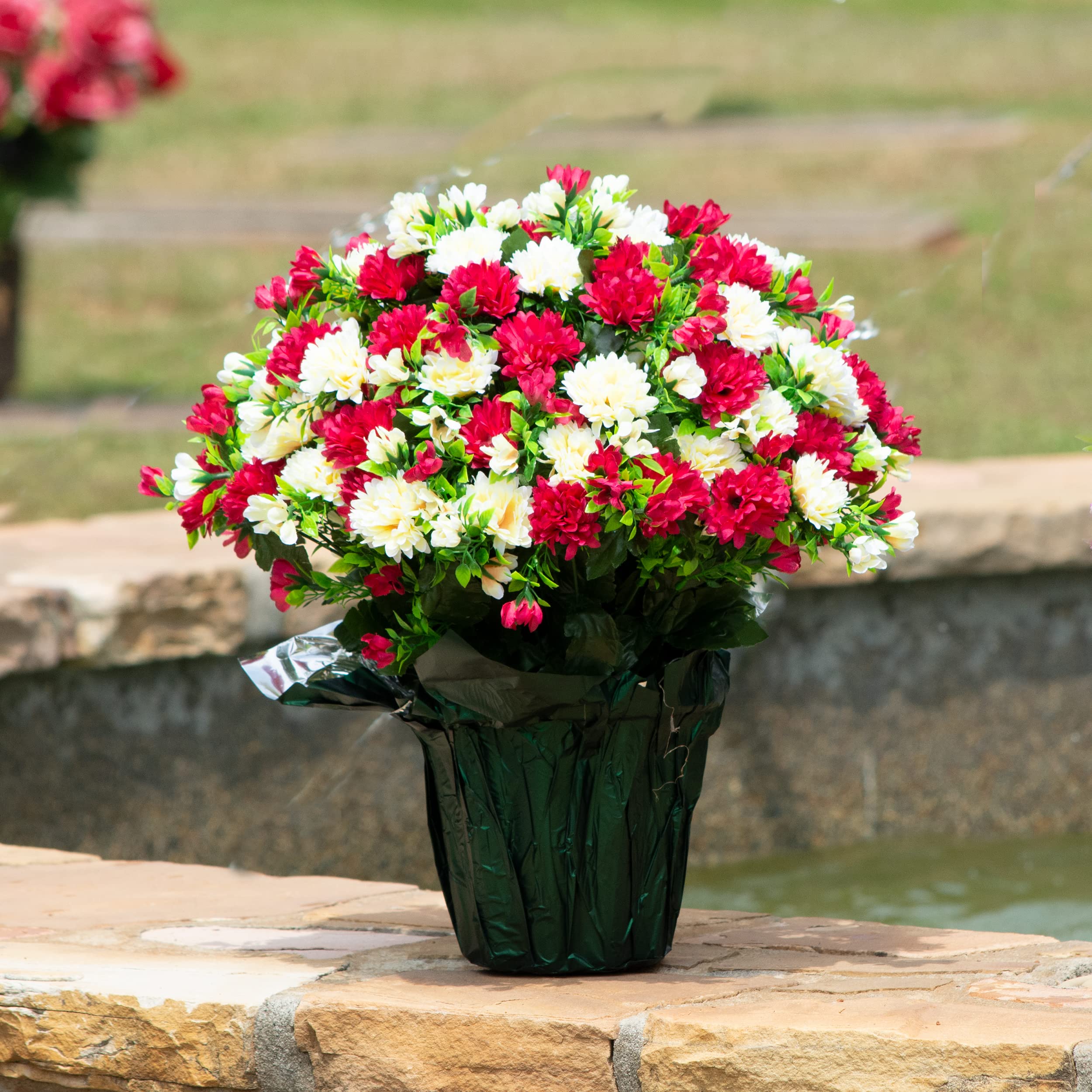 Sympathy Silk Artificial Flowers Weighted Pot Bouquet - 18
