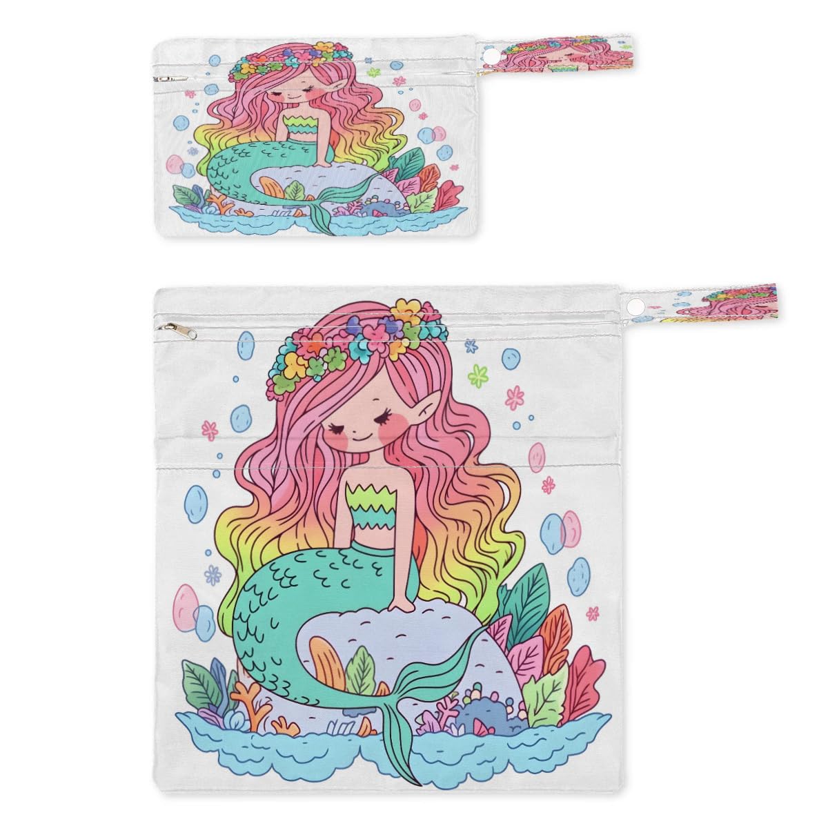 Waterproof Wet Dry Bag 2-Pack - Mermaid Princess Design for Swimsuits, Laundry & Diapers | Beach, Pool, Yoga & Gym Storage Organizer | Reusable Travel & Sports Accessories