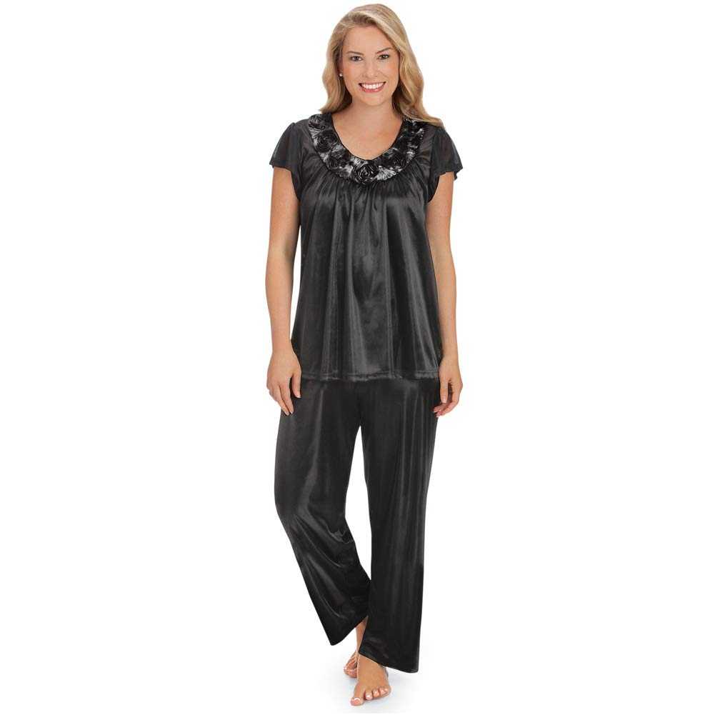 Collections Etc Women's Rose Trim Short Sleeve Pajama Set - Soft Sleepwear for Cozy Nights & Relaxing at Home