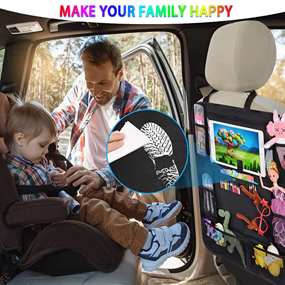 Car Backseat Organizer with 10-Inch Tablet Holder - 10-Pocket Kick Mats for Road Trips, Kids Snacks & Toys (2-Pack) | Perfect for Family Travel, Toddler Entertainment & Vehicle Organization