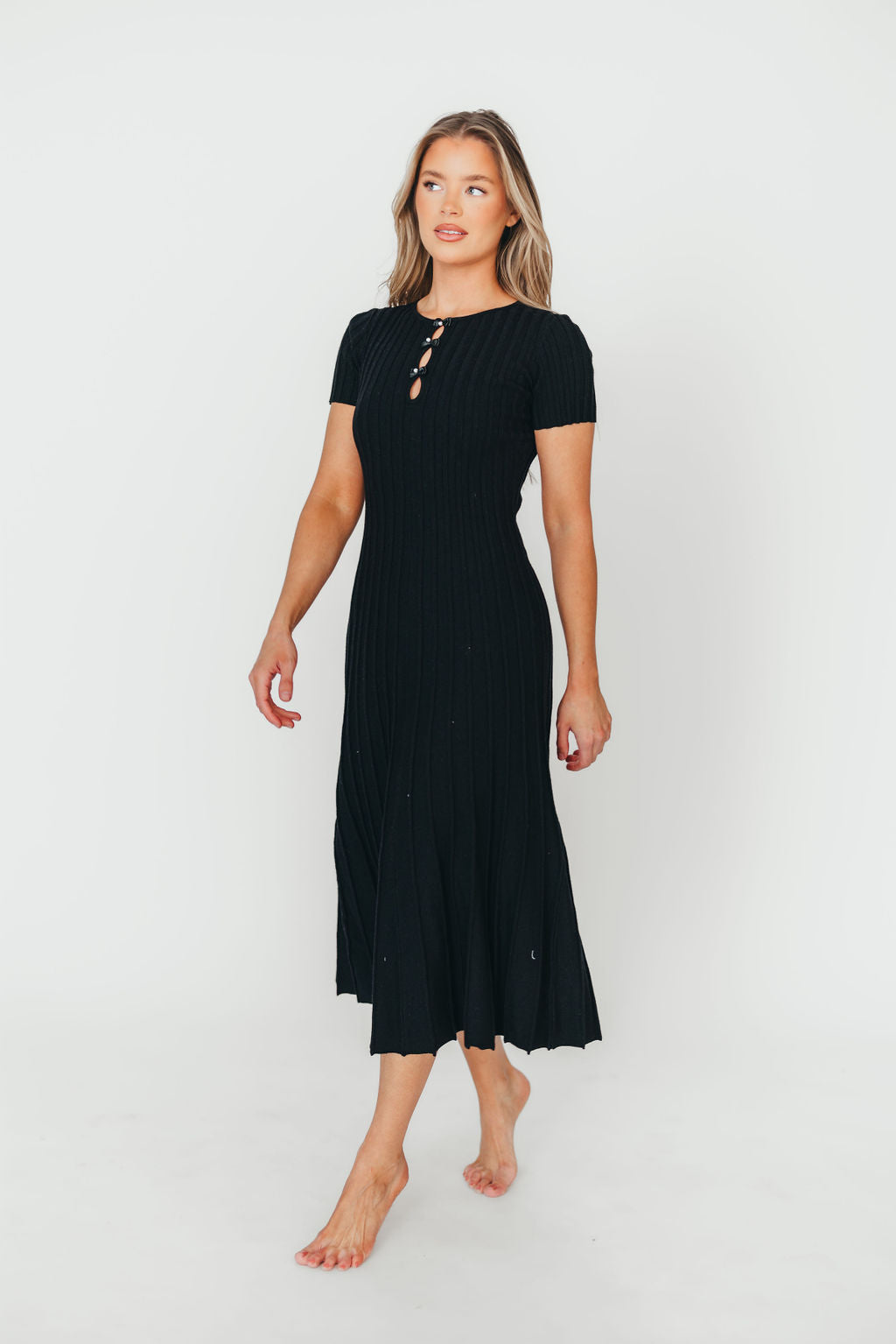 Winnie Front Bow Button Knit Midi Dress in Black | Bump Friendly Maternity Dress | Perfect for Pregnancy, Nursing & Special Occasions
