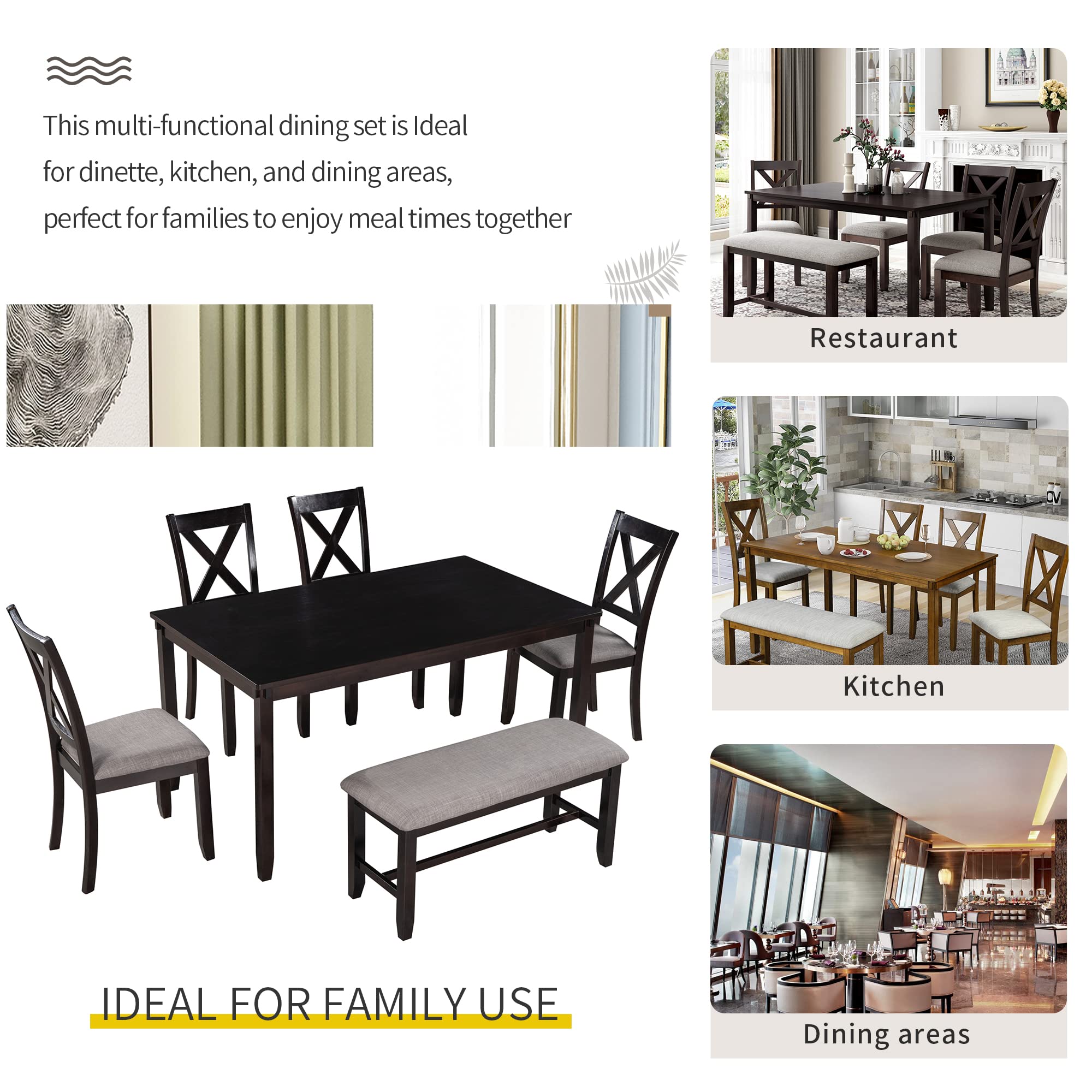 Harper & Bright Designs 6-Piece Wooden Dining Table Set with Bench - Rectangular Kitchen Table & Chairs for 6 - Espresso & Grey Home Furniture - Perfect for Family Dinners, Entertaining Guests & Small Space Dining Rooms