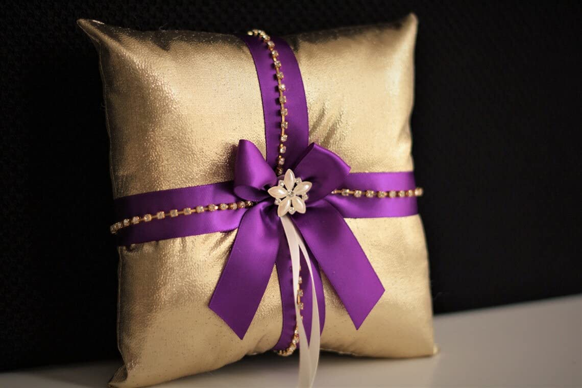Luxury Purple Gold Wedding Pillow and Basket Set - Ring Bearer Pillow & Flower Girl Baskets for Elegant Ceremonies (1 Pillow + 2 Baskets) - Perfect for Wedding Aisle Decor, Bridal Shower Gifts, and Romantic Vow Renewals