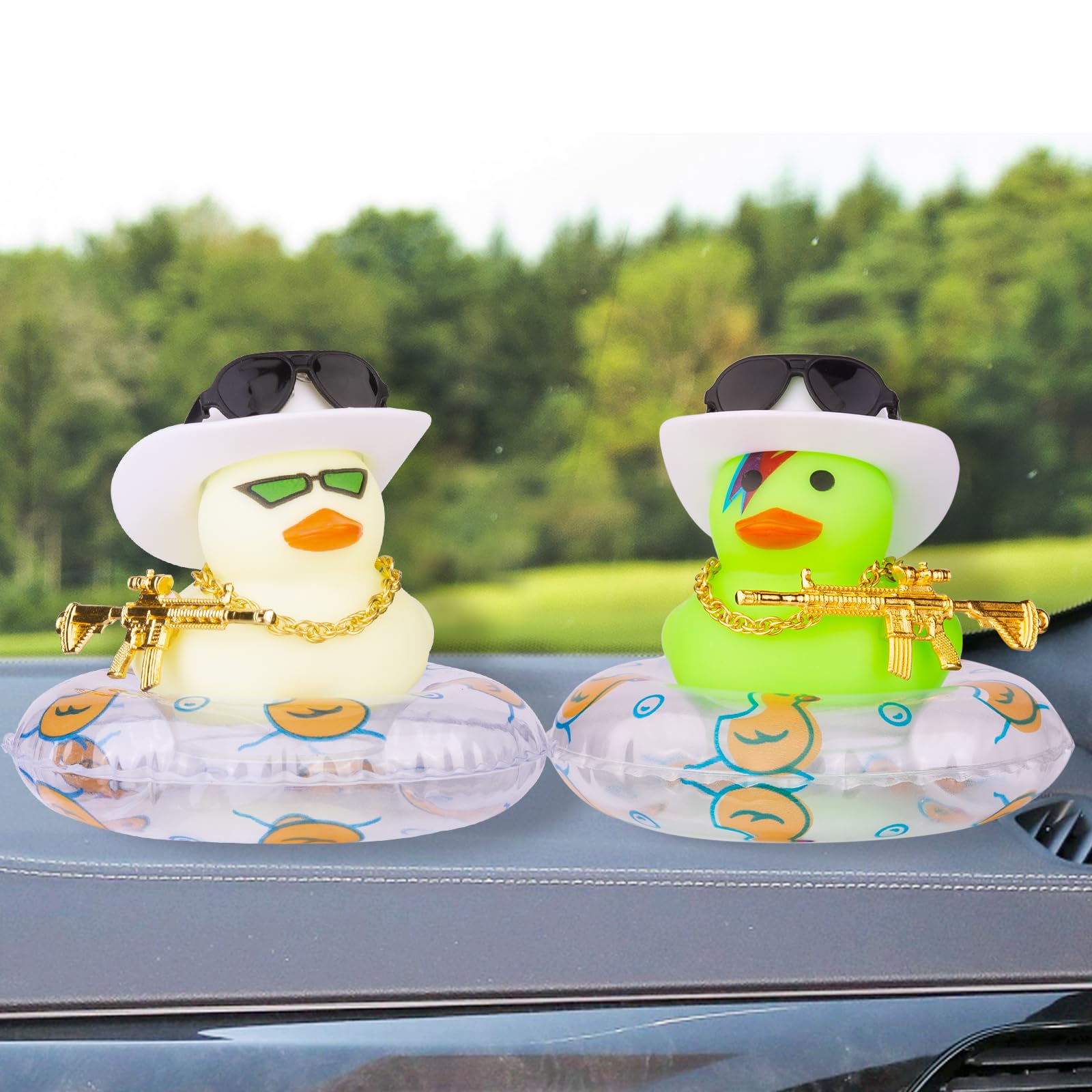 Vibrant Rubber Duck Car Dashboard Decor - Cute Duck Figurines with Mini Hat, Swim Ring, Necklace & Sunglasses - Fun Dashboard Accessories for Cars, Home & Office Decoration - Perfect Gift for Duck Lovers & Auto Enthusiasts