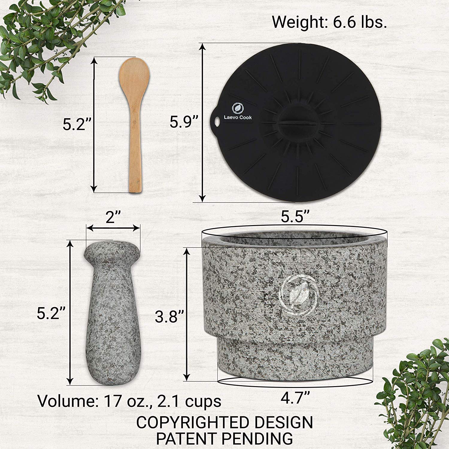 Premium Granite Mortar and Pestle Set - Large 2.1 Cup Stone Spice Grinder & Guacamole Bowl - Durable Molcajete Mexicano for Grinding Herbs, Spices, Nuts - Perfect for Mexican Cooking, Ayurvedic Remedies & Kitchen Prep