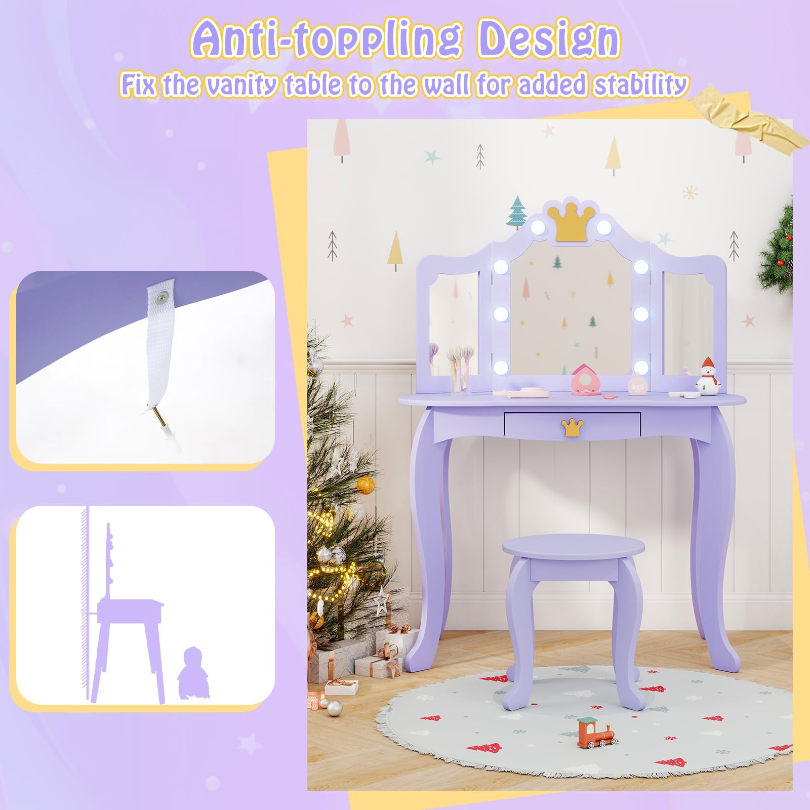 GLACER Girls Vanity Set with Mirror, Stool & LED Lights - 2-in-1 Wooden Princess Makeup Vanity Desk with 3 Lighting Modes, Storage Drawer & Adjustable Chair - Kids Vanity Table Set for Bedroom (Violet) - Perfect for Birthday Gifts, Playroom Decor & Pretend Play
