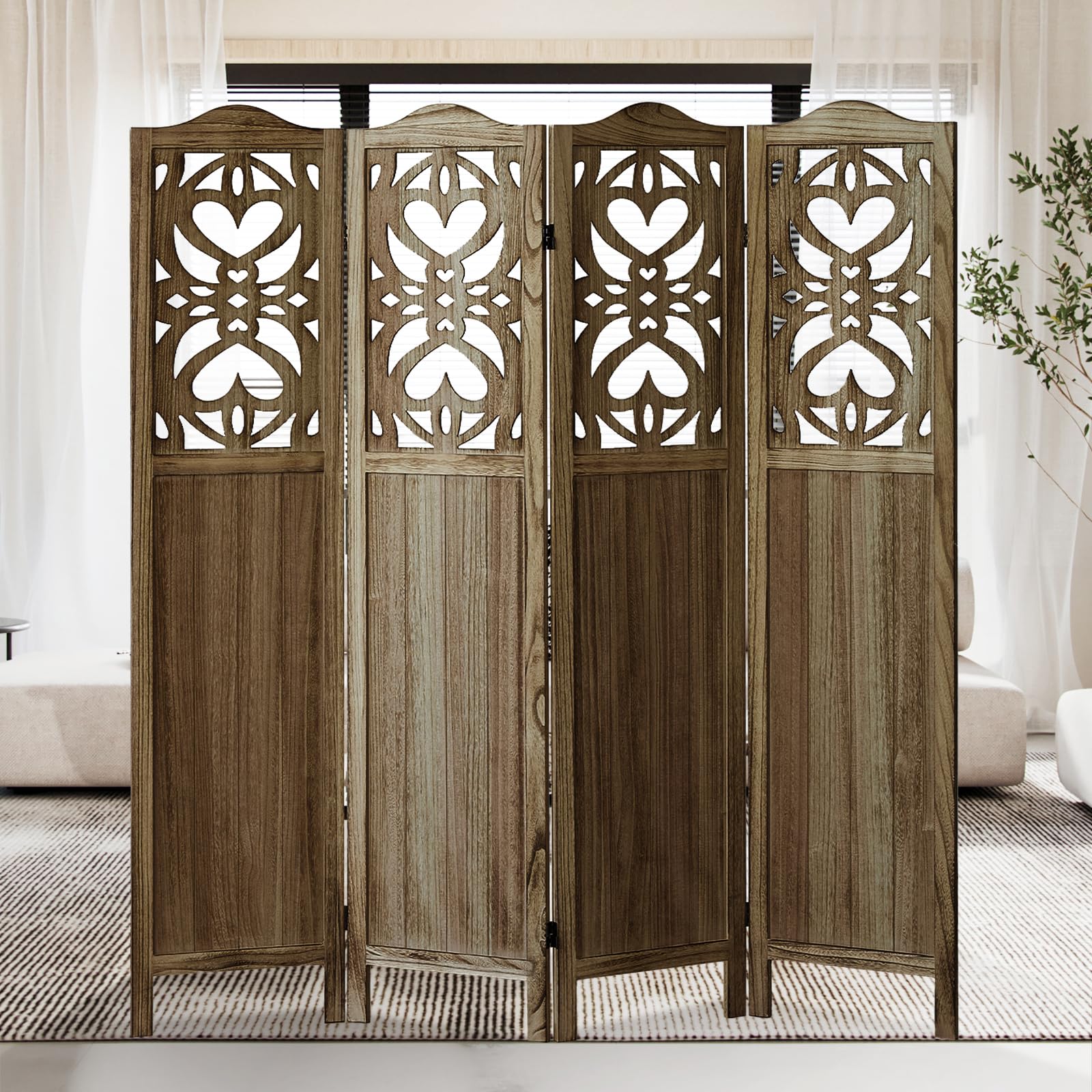 4 Panel Wood Room Divider - 5.6Ft Folding Privacy Screen with Carved Design | Freestanding Partition for Bedroom, Home Office & Living Room | Portable Space Divider in Brown Finish | Perfect for Room Separation, Privacy & Home Decor