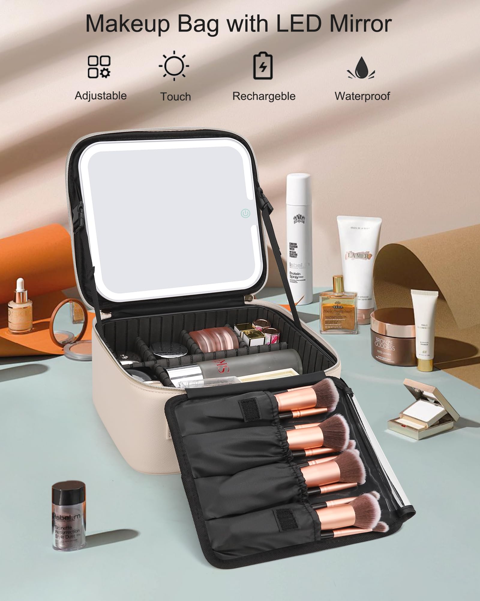 Relavel LED Makeup Bag with Lighted Mirror - Rechargeable Travel Cosmetic Organizer Case with 3-Color Lighting, Brush Storage & Protective Frame (Beige) | Perfect for Travel, Home Vanity & Gift Giving