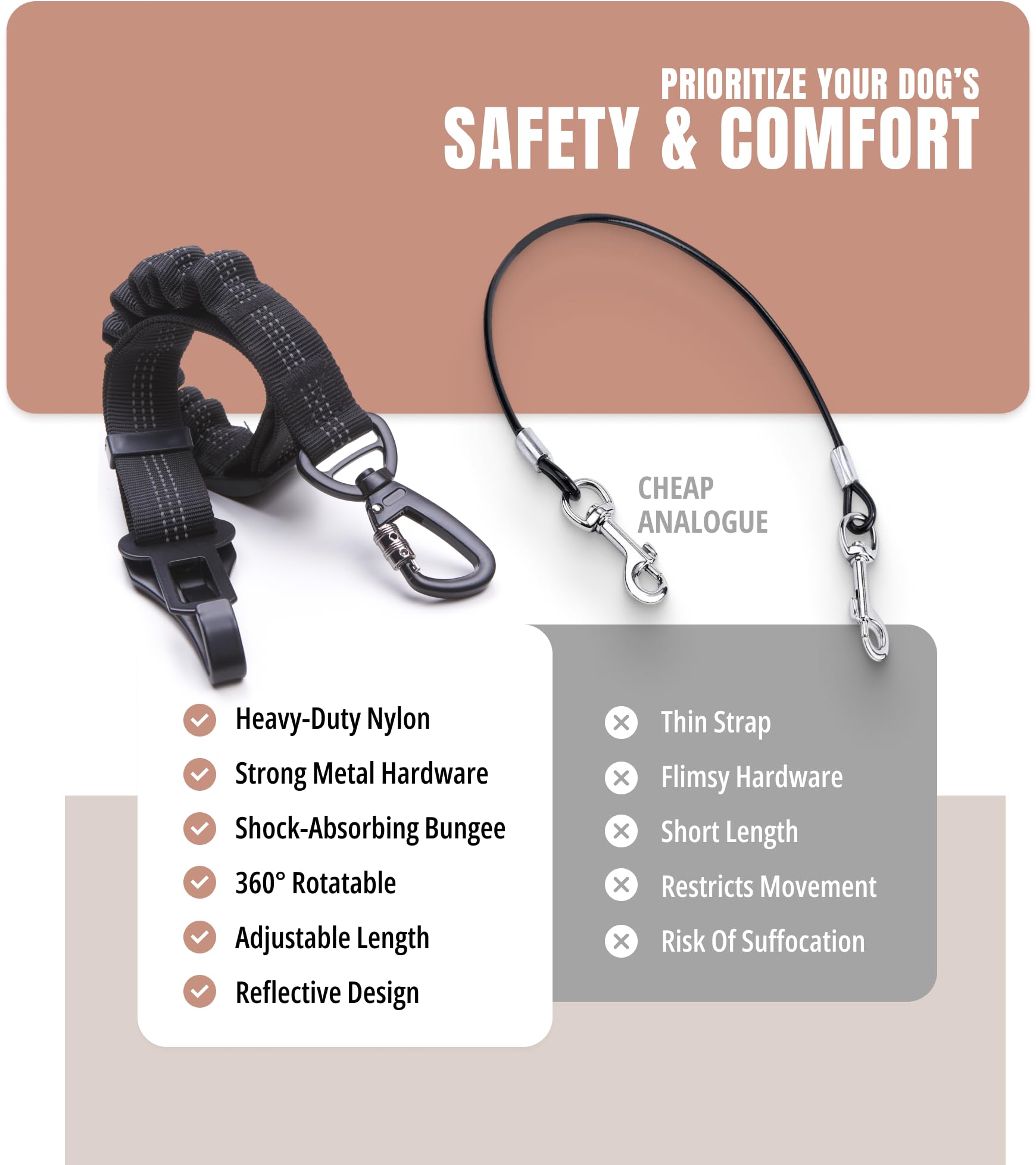 Owleys Adjustable Dog Seat Belt - Black Nylon Pet Safety Harness for Car Travel | Shock-Absorbing Bungee Design | Secure & Durable Dog Restraint for Small Medium Large Dogs | Perfect for Road Trips, Vet Visits & Daily Commutes