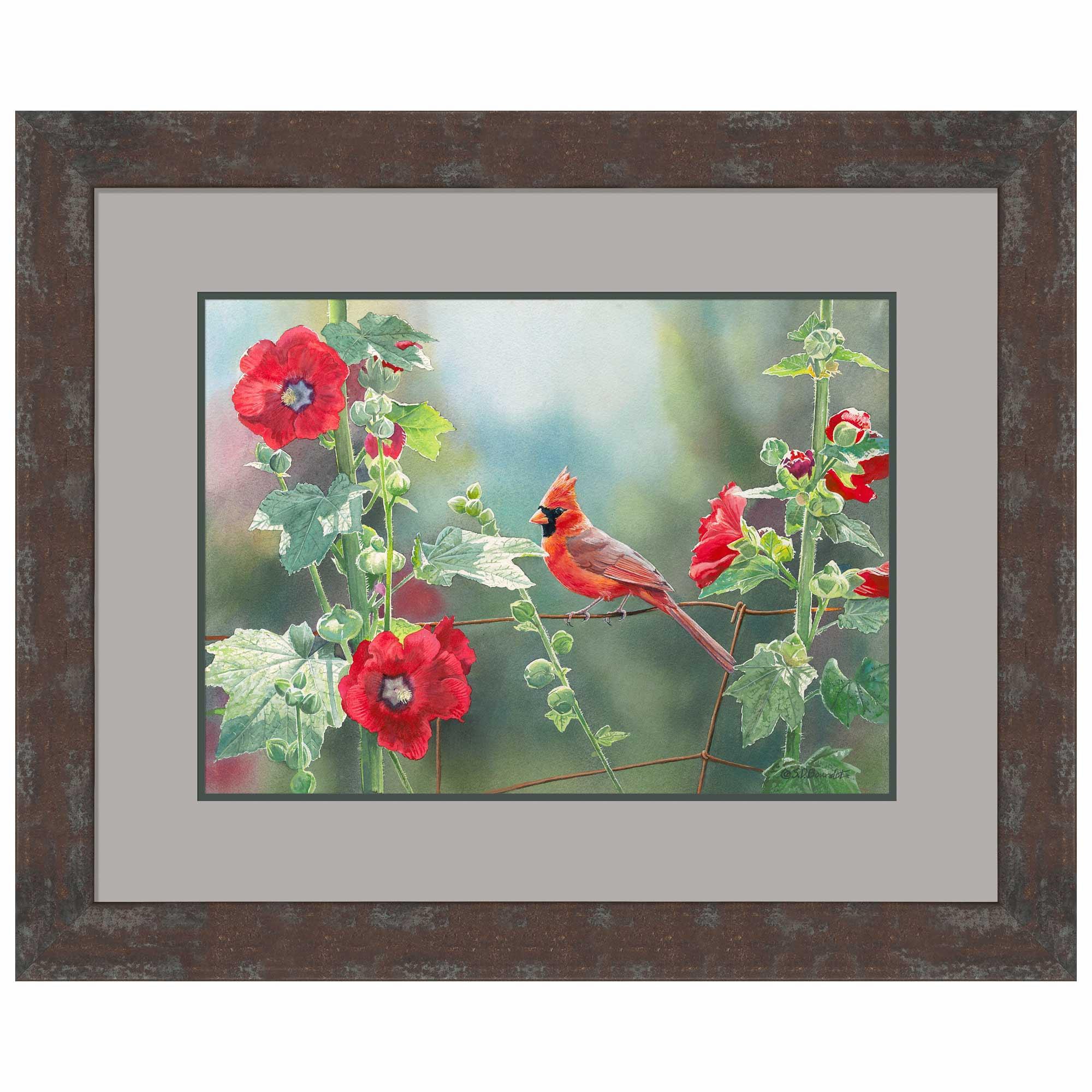 Cardinal and Hollyhocks Wall Art - Vibrant Red Bird and Flower Canvas Painting for Home Decor | Perfect for Living Room, Bedroom, and Office