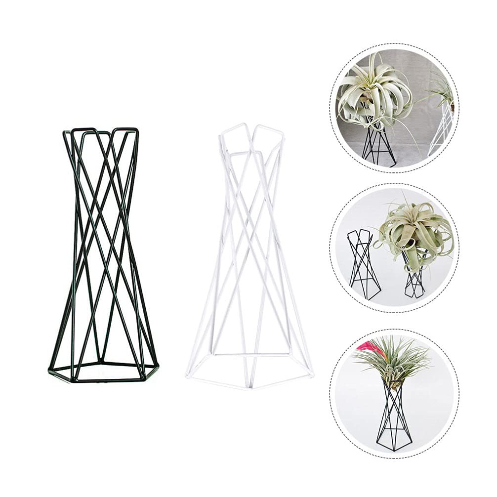 Hemoton 2-Pack Iron Air Plant Holders - Black & White Tabletop Tillandsia Display Stands with Vase Pot for Home, Office & Wedding Decor