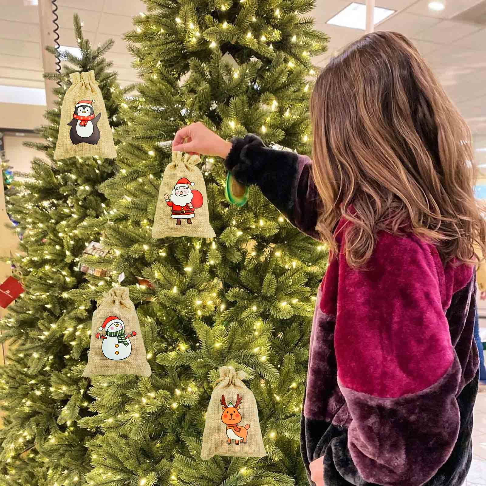 HappyLain 10PCS Christmas Linen Drawstring Bags - Mixed Holiday Gift Bags with Jute Strings (Snowman, Santa, Penguin & Elk Designs) - Perfect for Party Favors, Holiday Treats & Festive Gift Wrapping