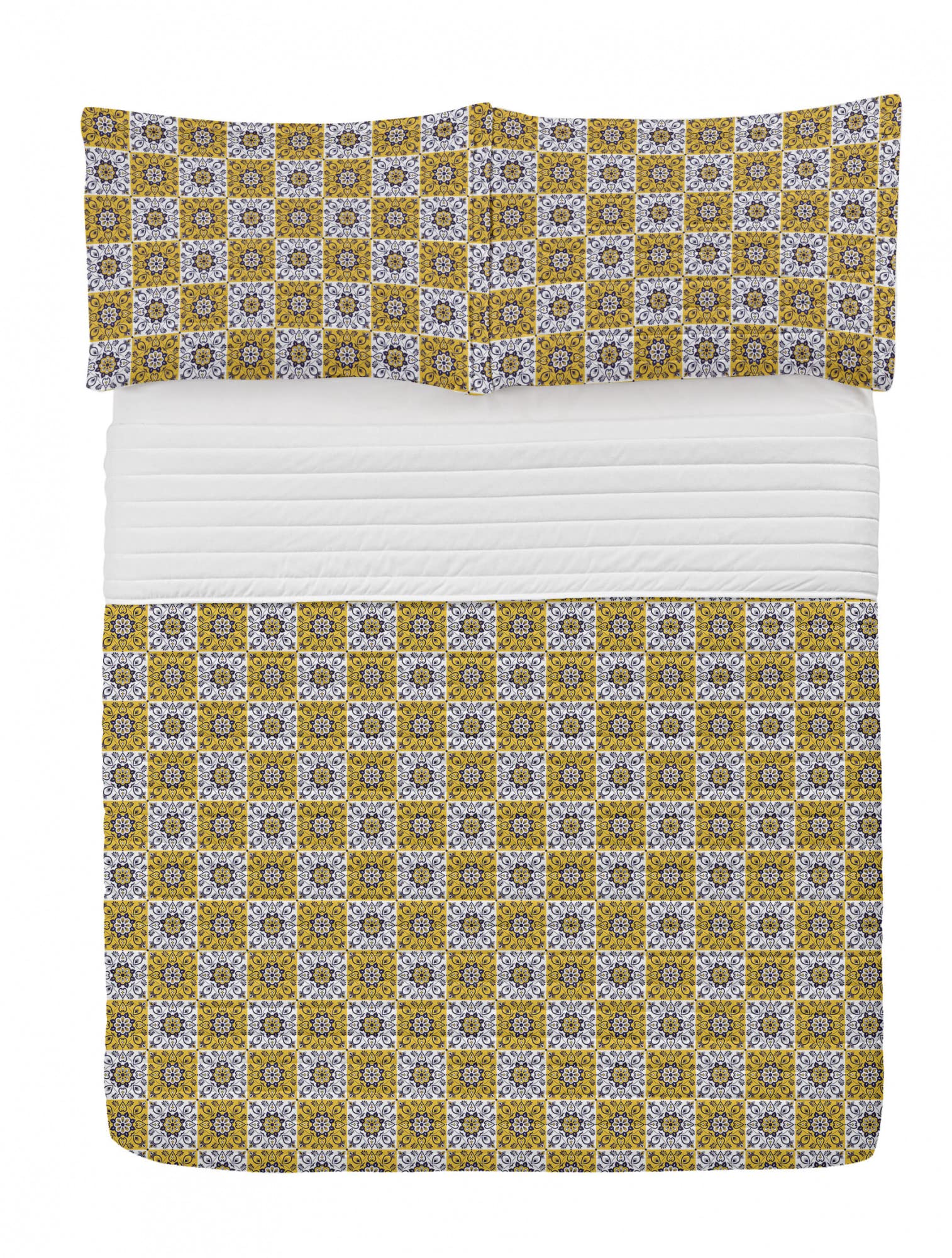 Ambesonne Delft Microfiber Bedspread Set - Bicolor Victorian Floral Boho Dutch Pattern with Leaves, Soft Queen Size Bedding Set Includes Pillow Shams & Comforter in Indigo, Earth Yellow & White | Perfect for Bohemian Bedroom Decor, Guest Room Makeover & Cozy Home Styling