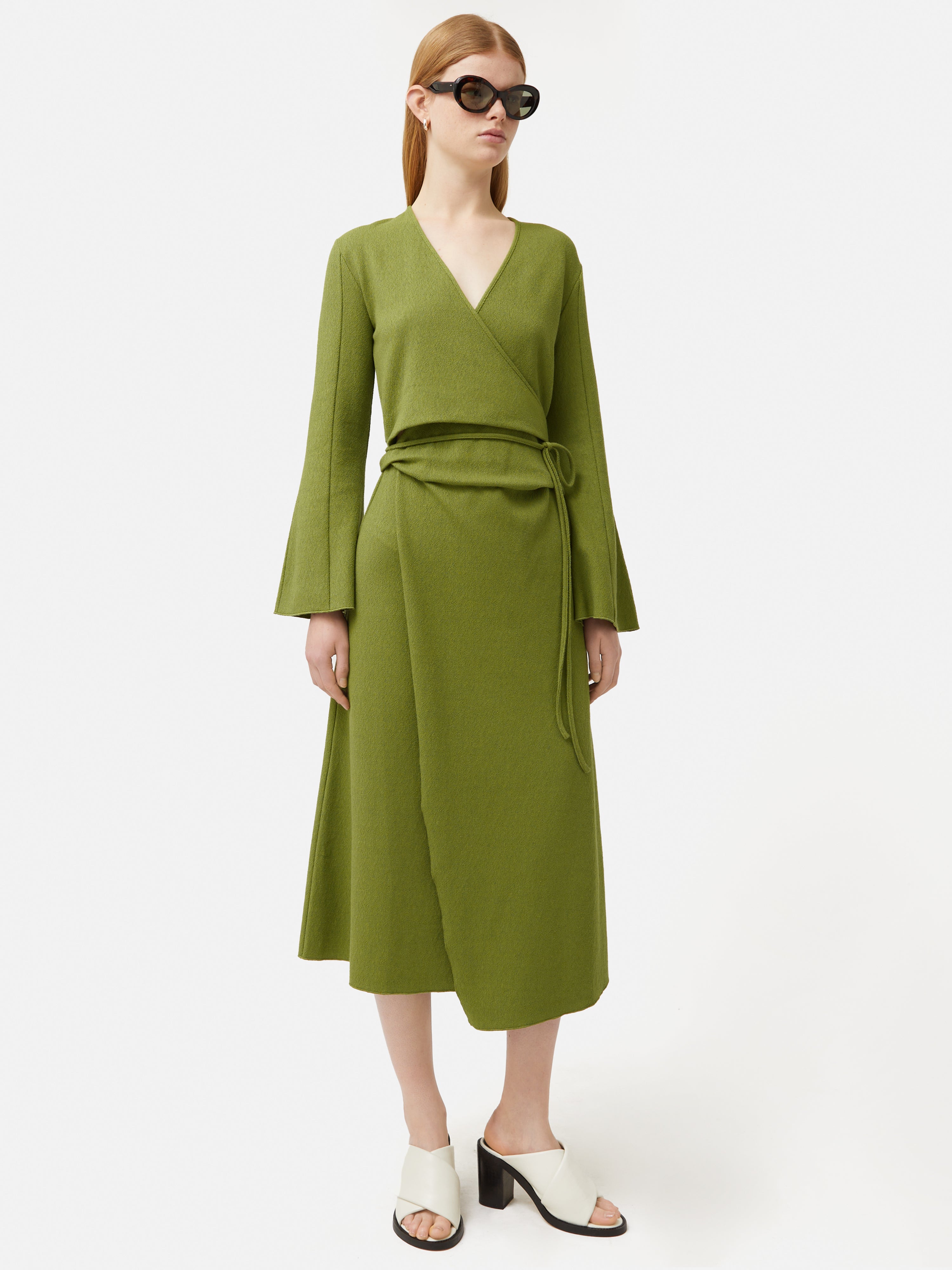 Stylish Green Textured Jersey Wrap Dress for Women - Perfect for Casual Outings, Office Wear & Date Nights