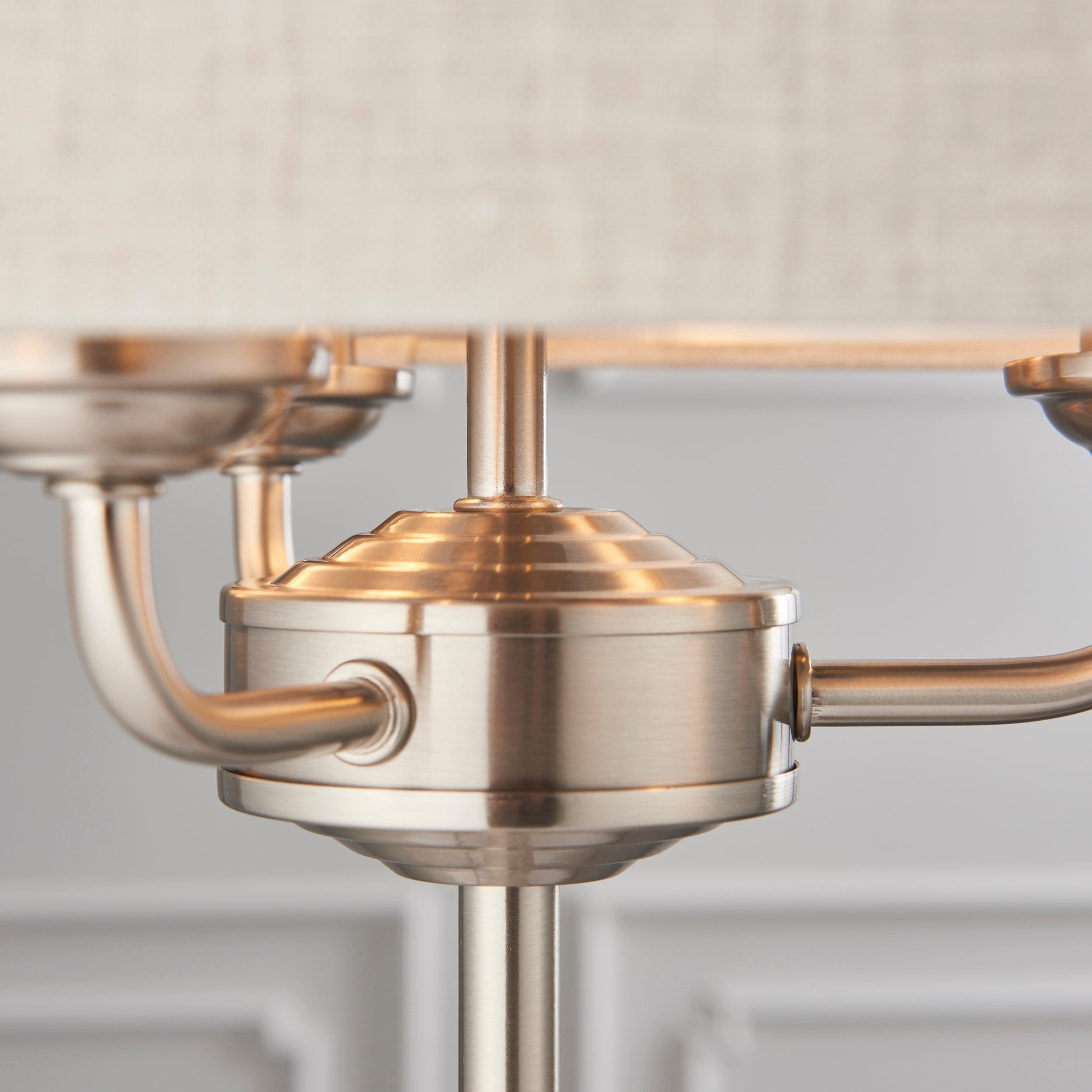 Endon Highclere Brushed Chrome 3-Light Table Lamp with Linen Shade - Perfect for Bedroom Nightstand, Living Room End Table, or Office Desk Lighting