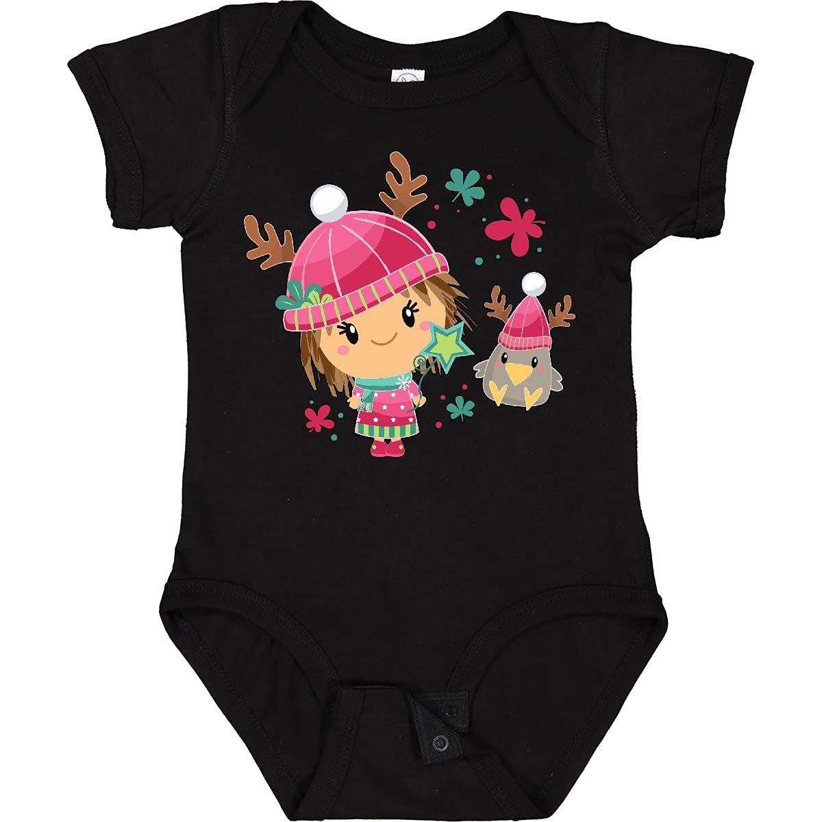 Inktastic Cute Winter Christmas Girl and Crow in Hats Baby Bodysuit - Soft Cotton Onesie for Holiday Photos, Family Gatherings & Festive Outfits