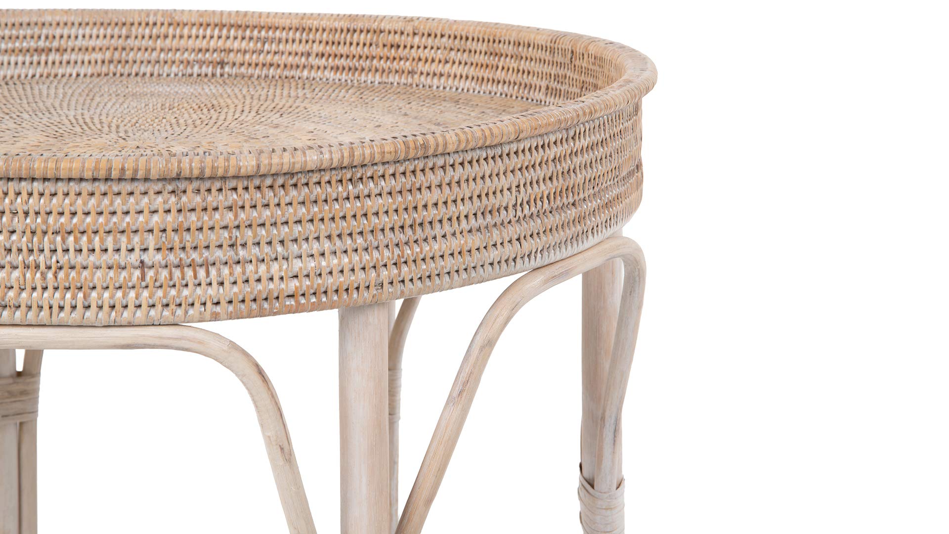 Kouboo La Jolla Rattan Round Side Table and End Table, White-Washed Finish - Perfect for Patio, Living Room, and Bedroom Decor