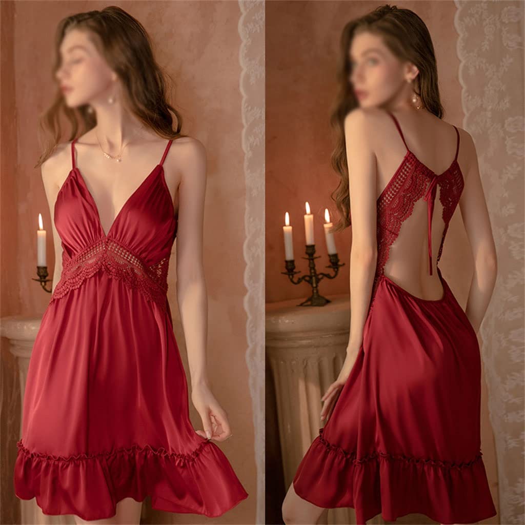 Sexy Satin Nightgown for Women - Lace Lingerie Sleepwear & Lounge Dress Set - Red Camisole Summer Nightwear (Size M) - Perfect for Romantic Evenings & Bedtime Comfort