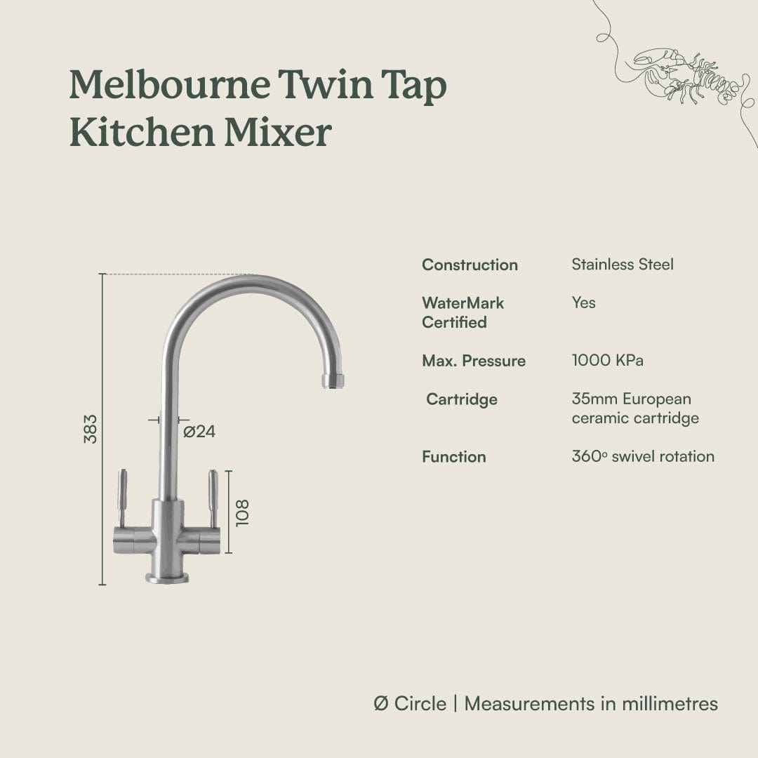 Antique Brass Melbourne Twin Tap Kitchen Mixer - Vintage Style Two Handle Sink Faucet for Farmhouse & Modern Kitchens